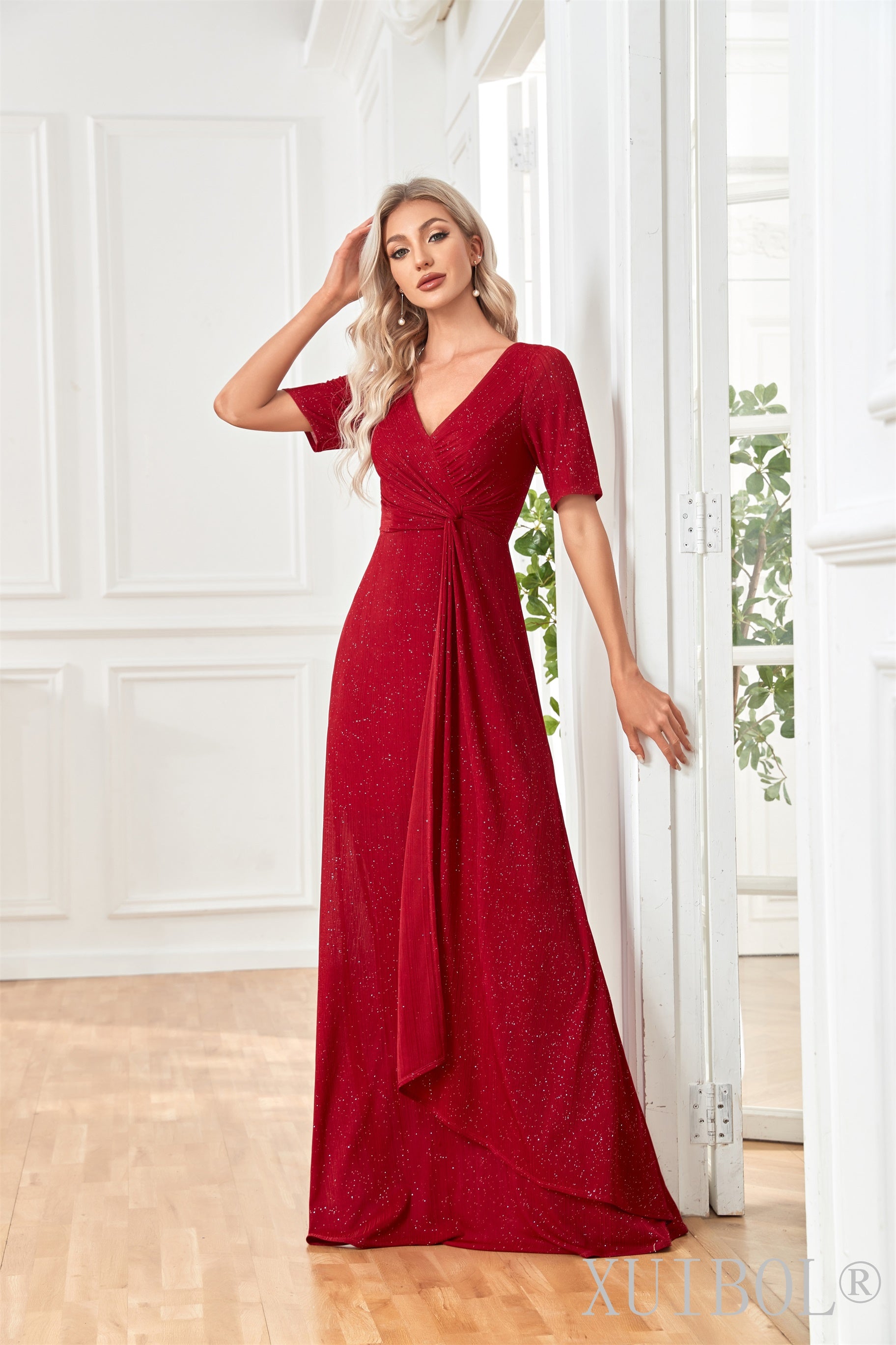 XUIBOL | Red Metallic Shimmer Ruched Dress