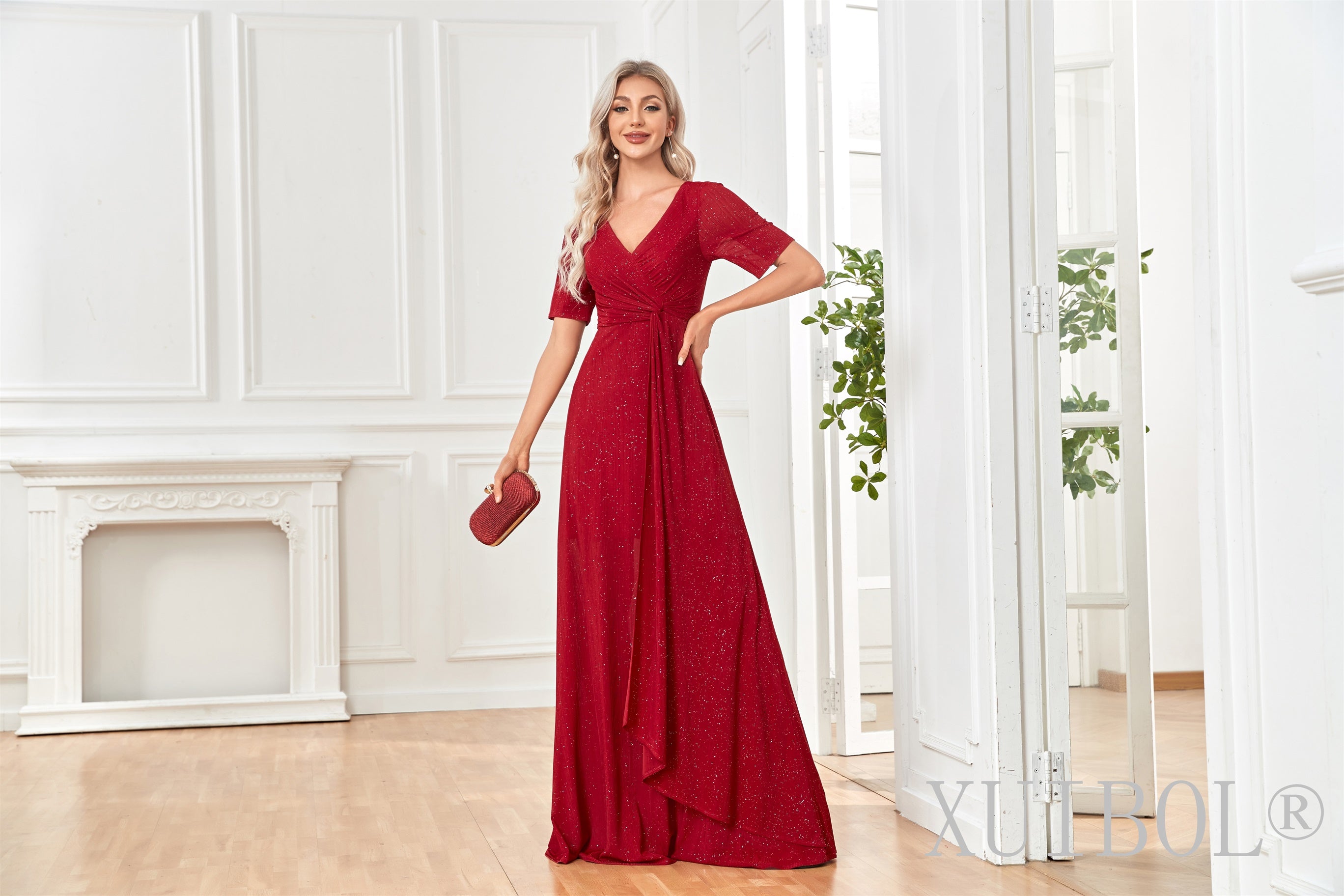 XUIBOL | Red Metallic Shimmer Ruched Dress