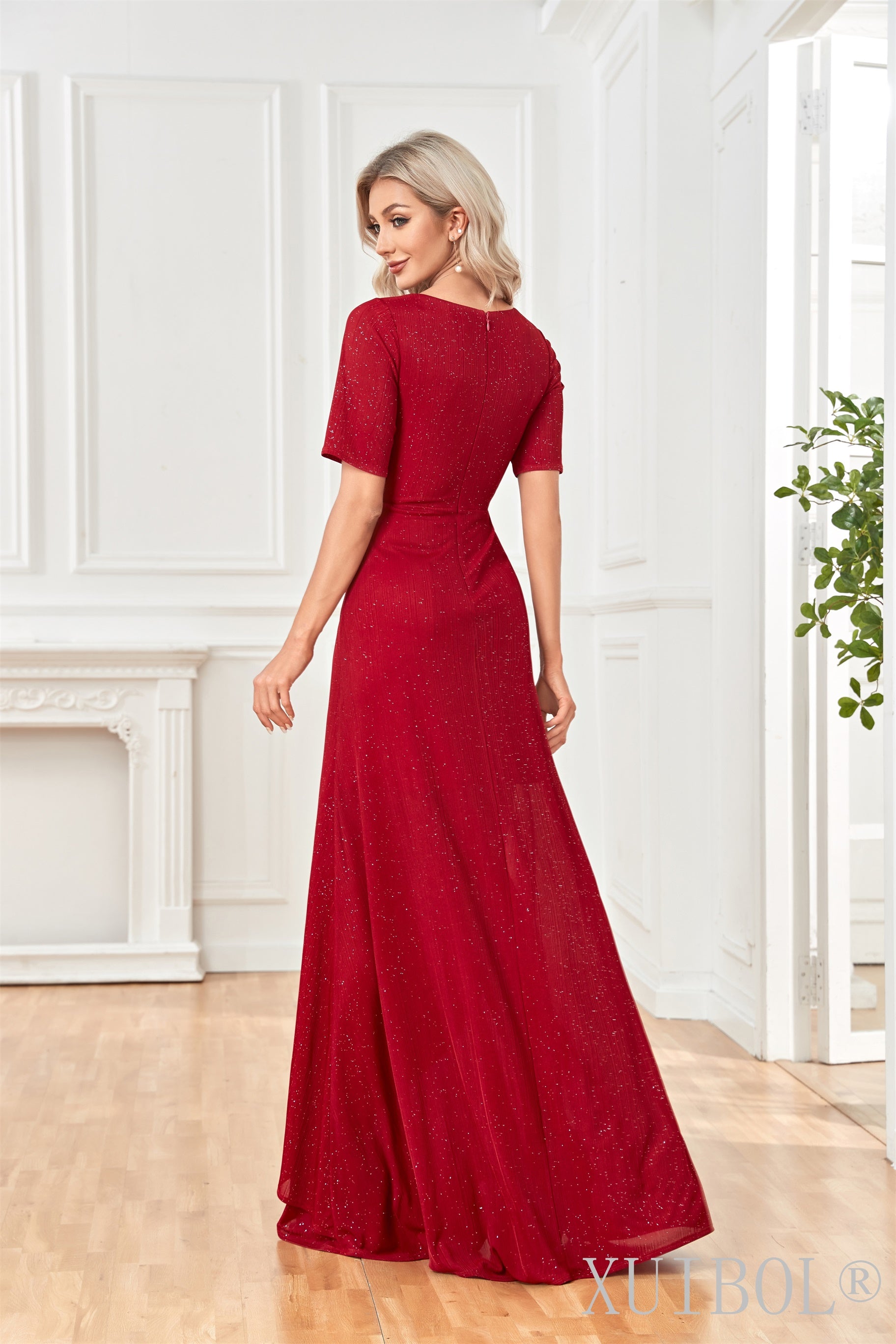 XUIBOL | Red Metallic Shimmer Ruched Dress