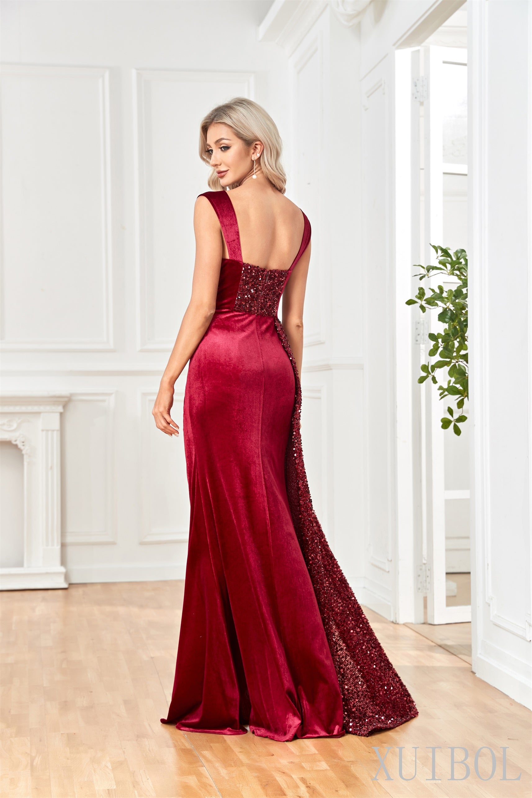 XUIBOL | Velvet_and_Sequins_off-the-shoulder_Dresses_Burgundy