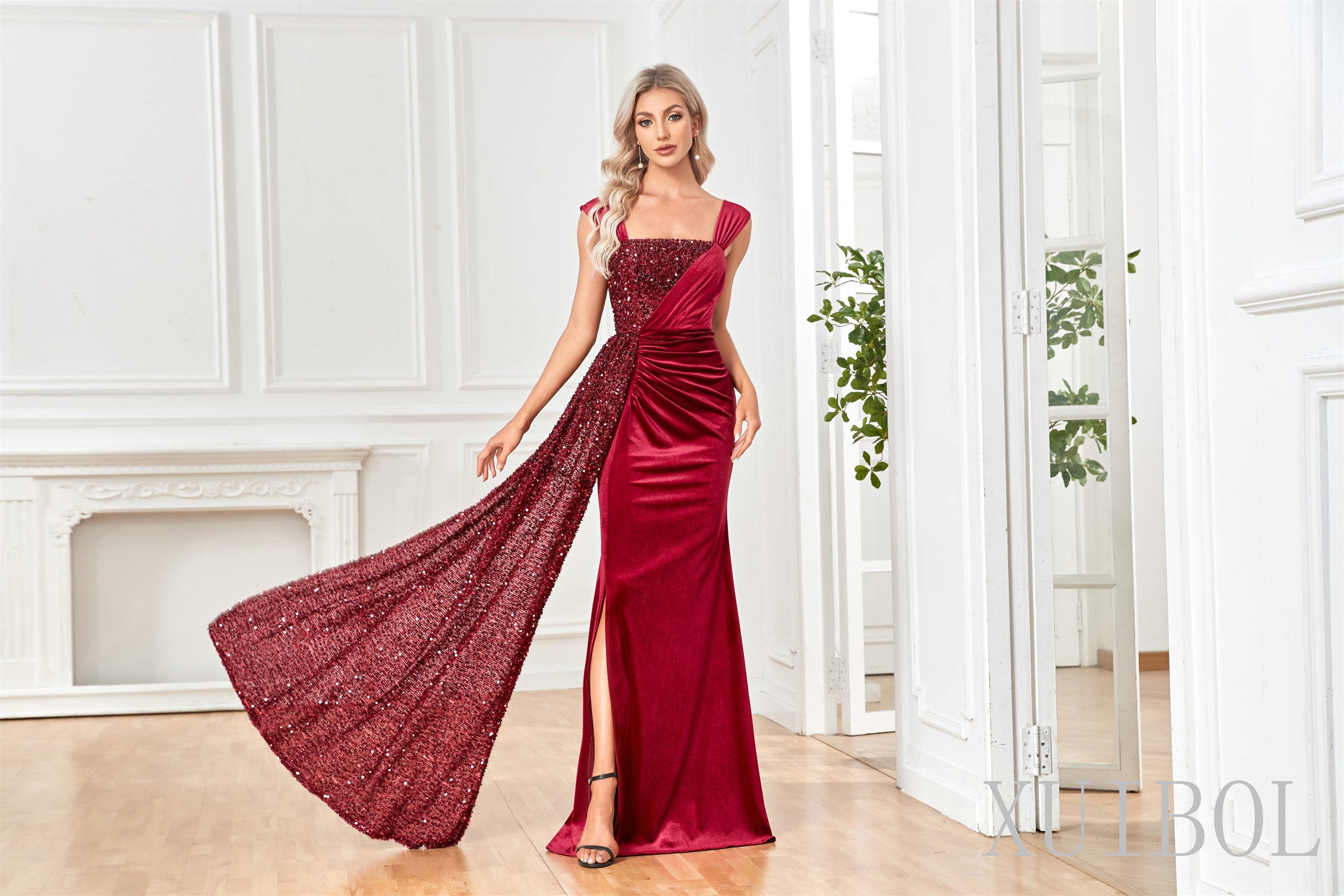XUIBOL | Velvet_and_Sequins_off-the-shoulder_Dresses_Burgundy