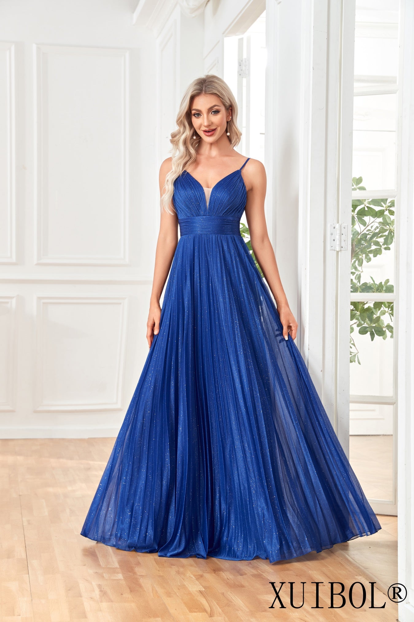 XUIBOL | Navy_Blue_Hot Silver_spaghetti_strap_Dress_Navy_Blue