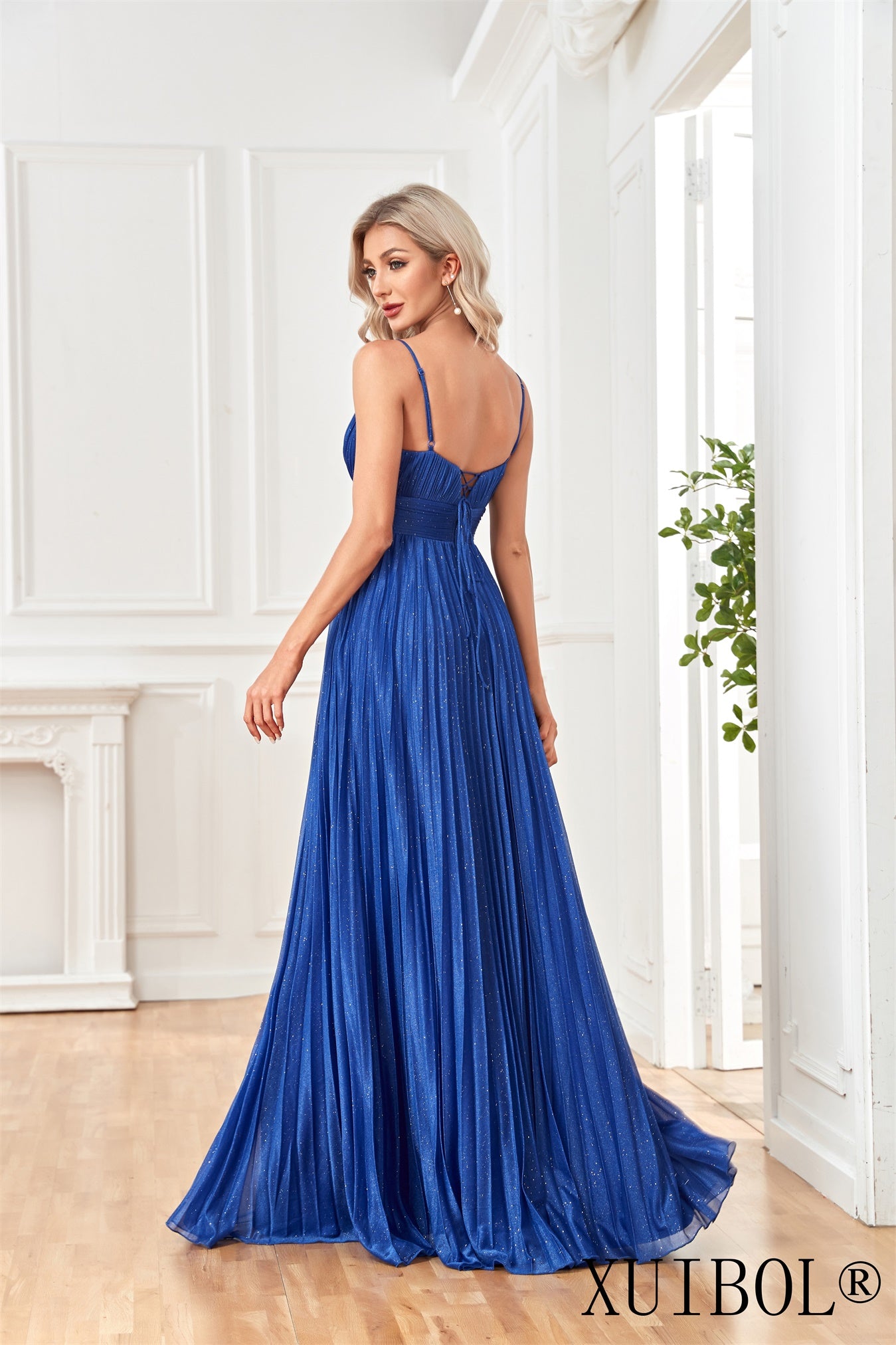 XUIBOL | Navy_Blue_Hot Silver_spaghetti_strap_Dress_Navy_Blue