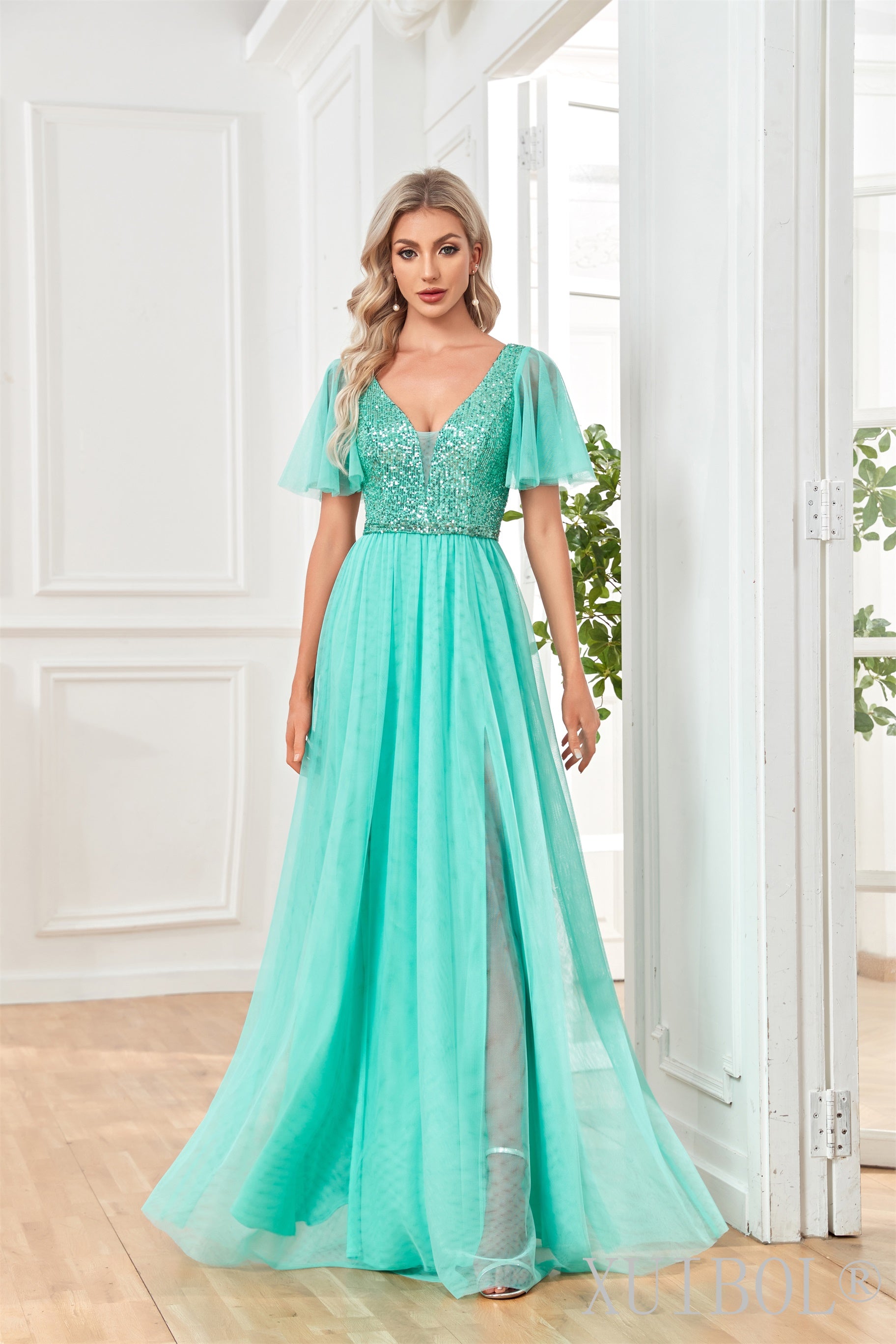 XUIBOL | Flutter_sleeves_Mesh_Maxi_Dress_with Slit_Light_Green
