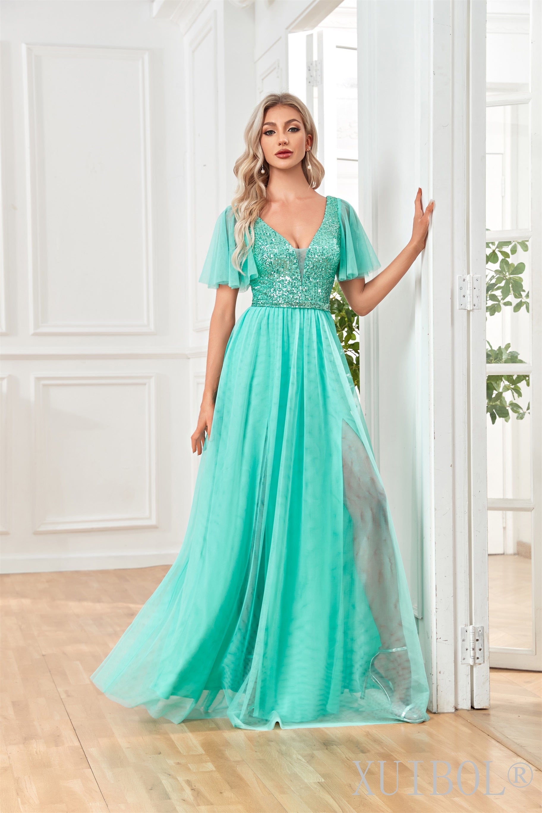 XUIBOL | Flutter_sleeves_Mesh_Maxi_Dress_with Slit_Light_Green