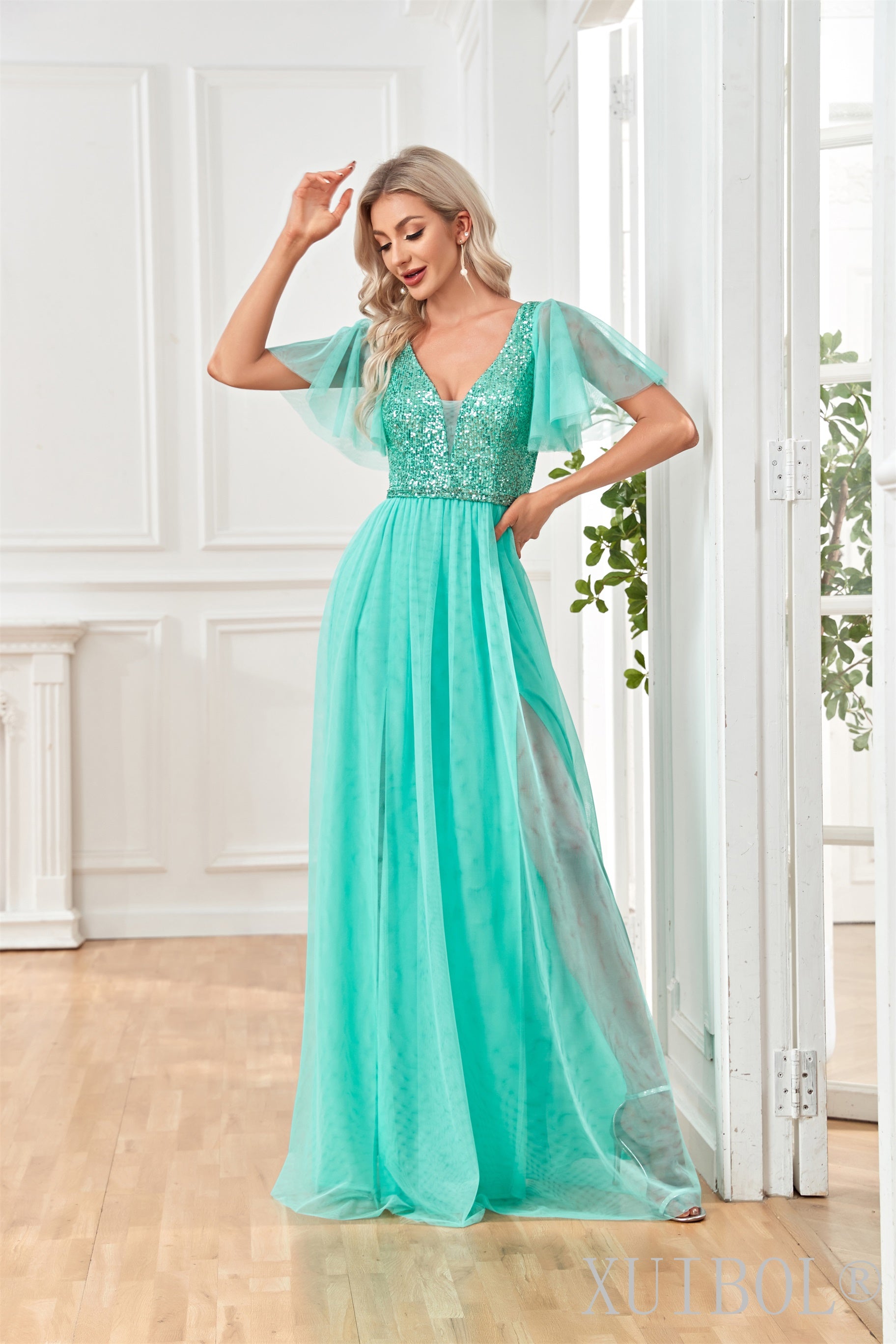 XUIBOL | Flutter_sleeves_Mesh_Maxi_Dress_with Slit_Light_Green