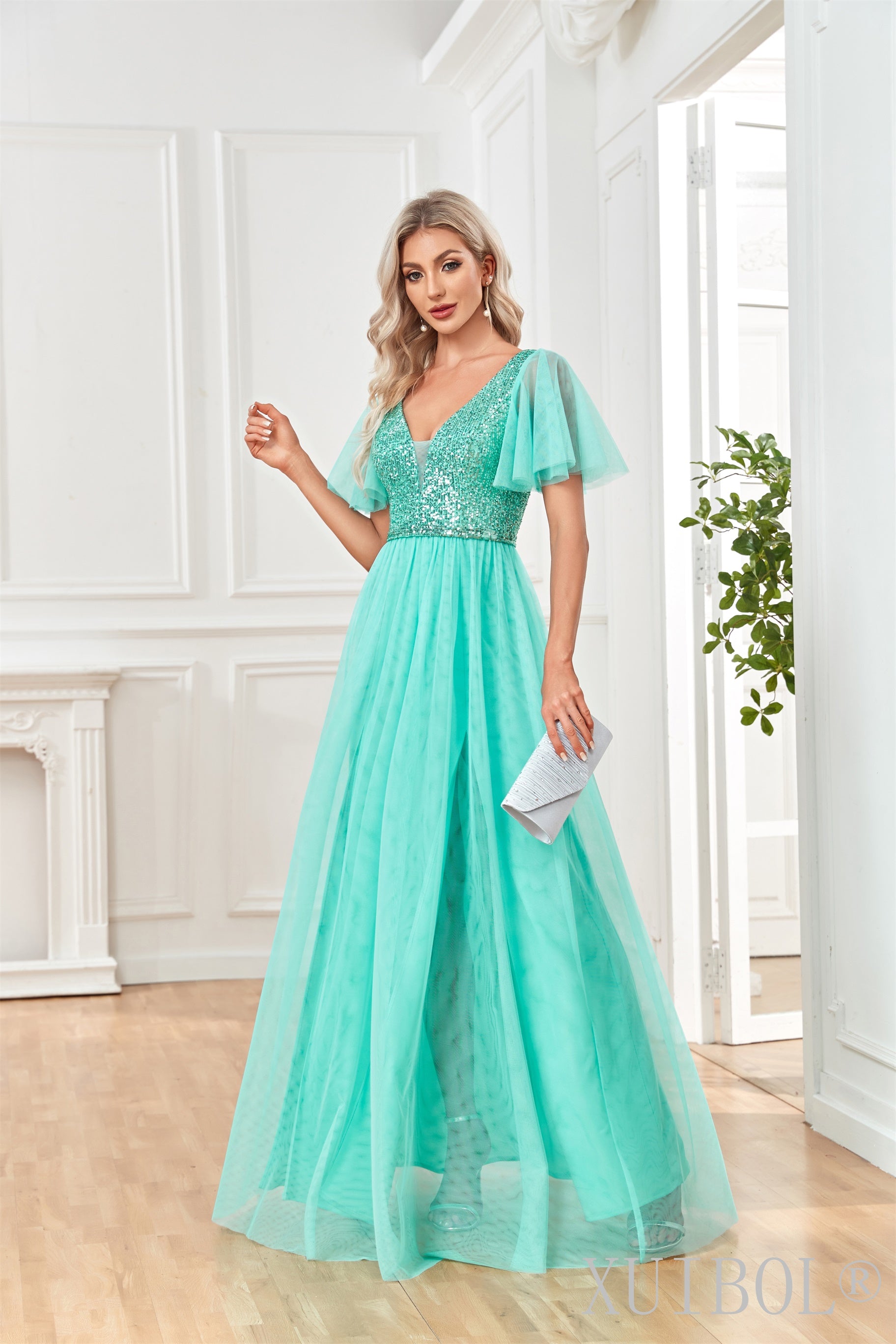 XUIBOL | Flutter_sleeves_Mesh_Maxi_Dress_with Slit_Light_Green