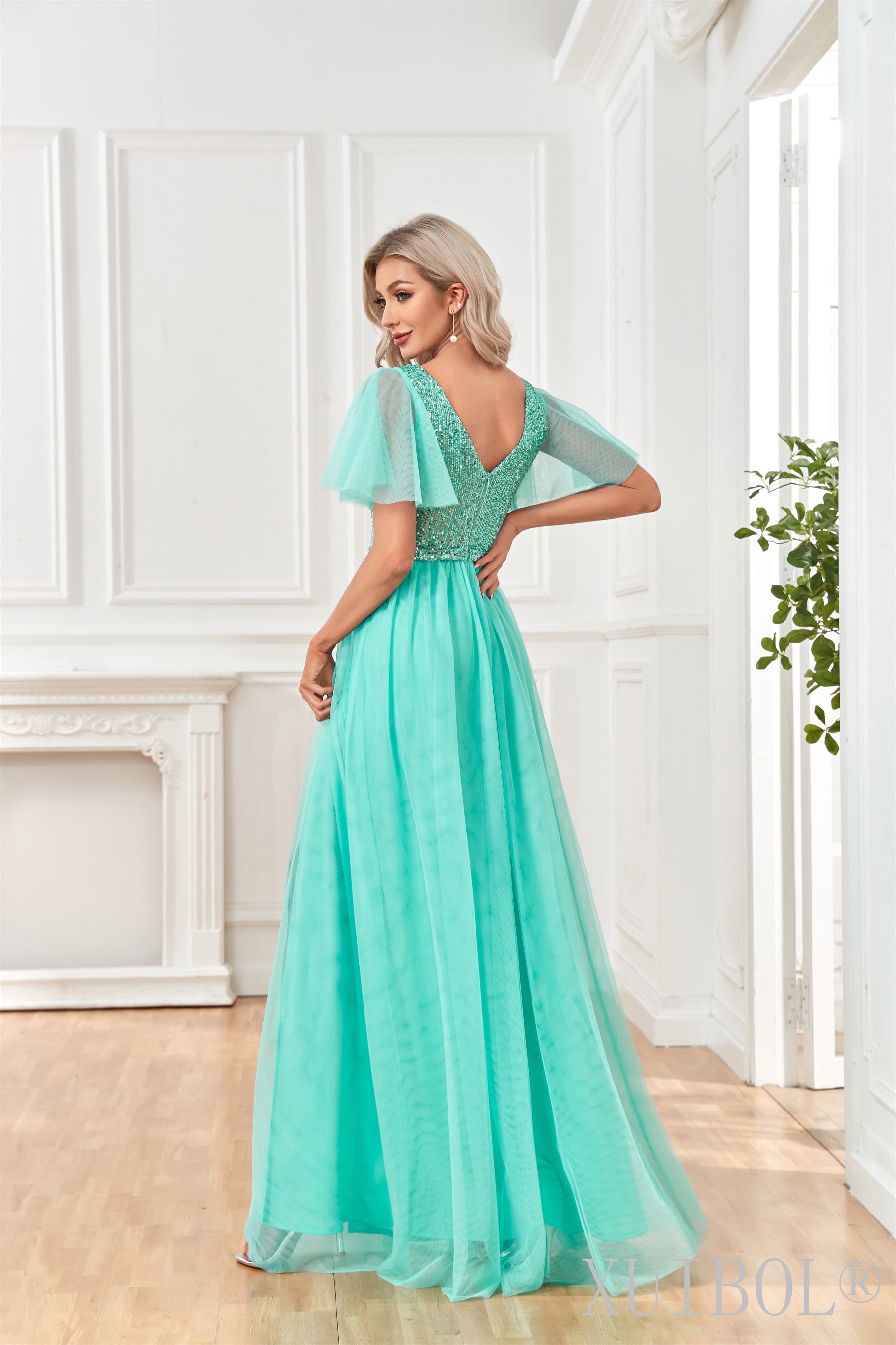 XUIBOL | Flutter_sleeves_Mesh_Maxi_Dress_with Slit_Light_Green