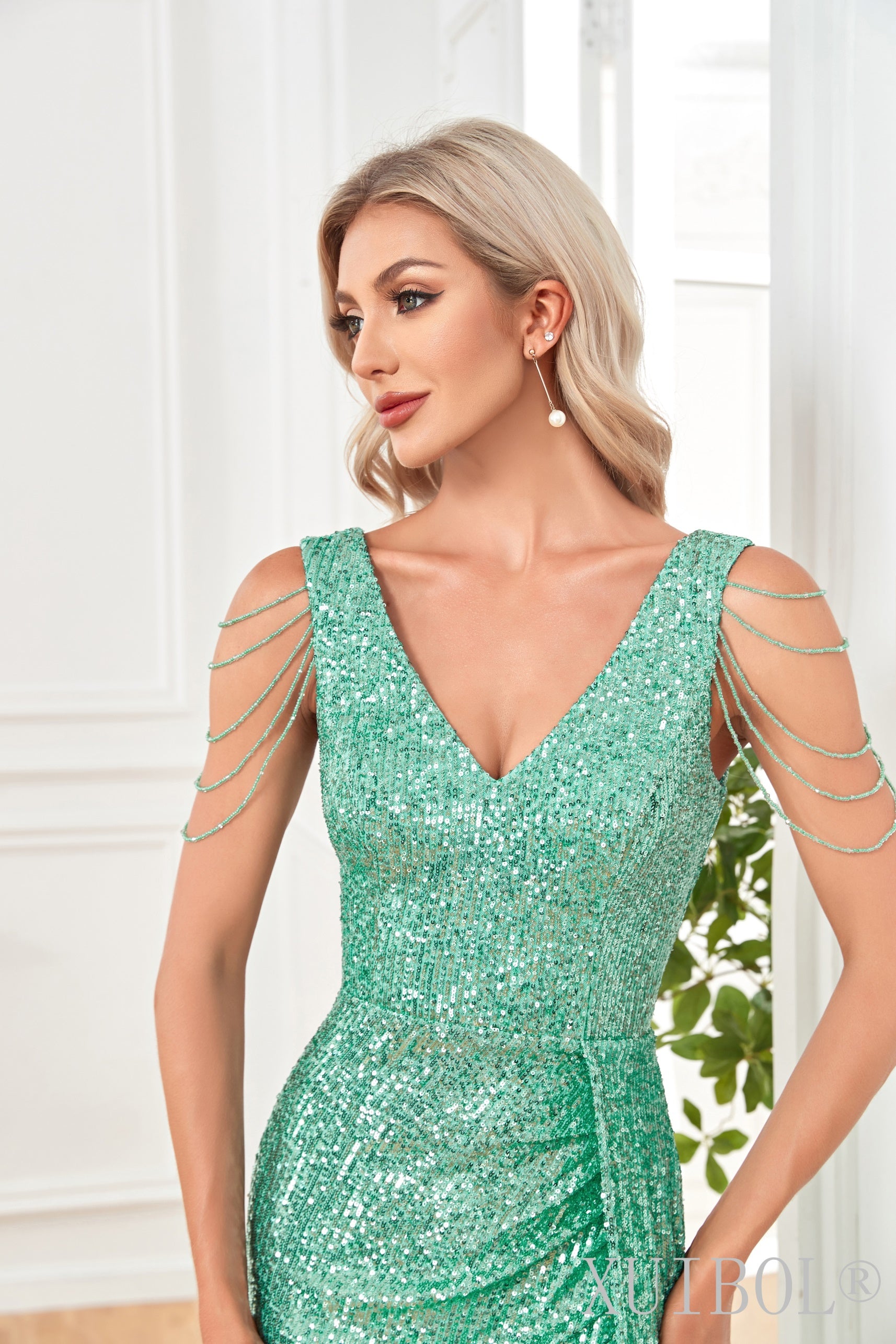 XUIBOL |  Beaded _V_Neck_Sheath_Dress_Green