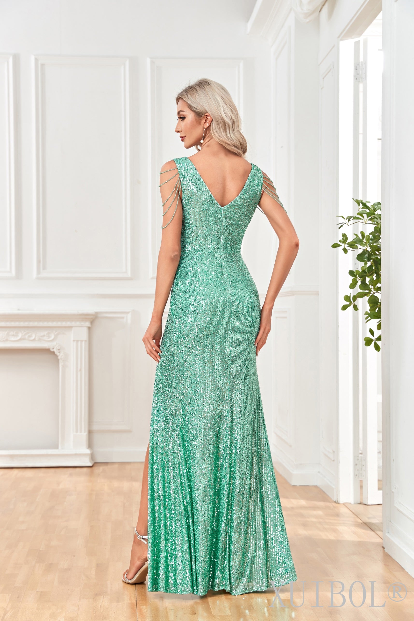 XUIBOL |  Beaded _V_Neck_Sheath_Dress_Green