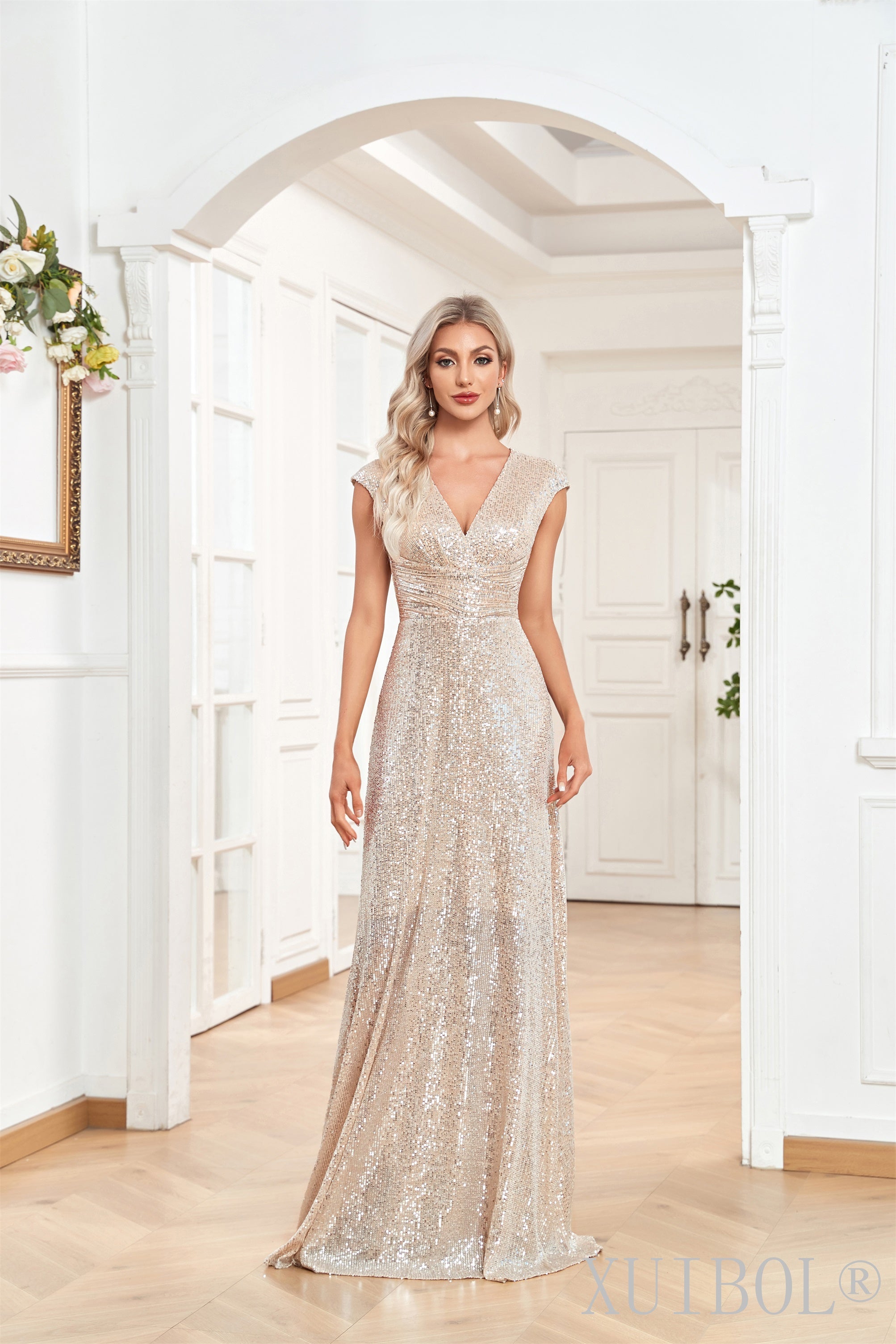 XUIBOL | v-neck sequin a-line dress with flutter sleeves