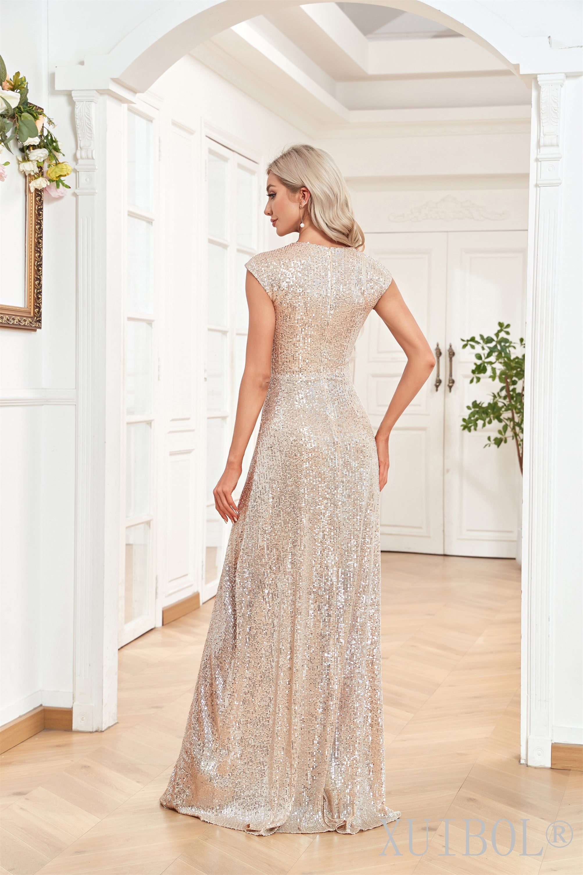 XUIBOL | v-neck sequin a-line dress with flutter sleeves