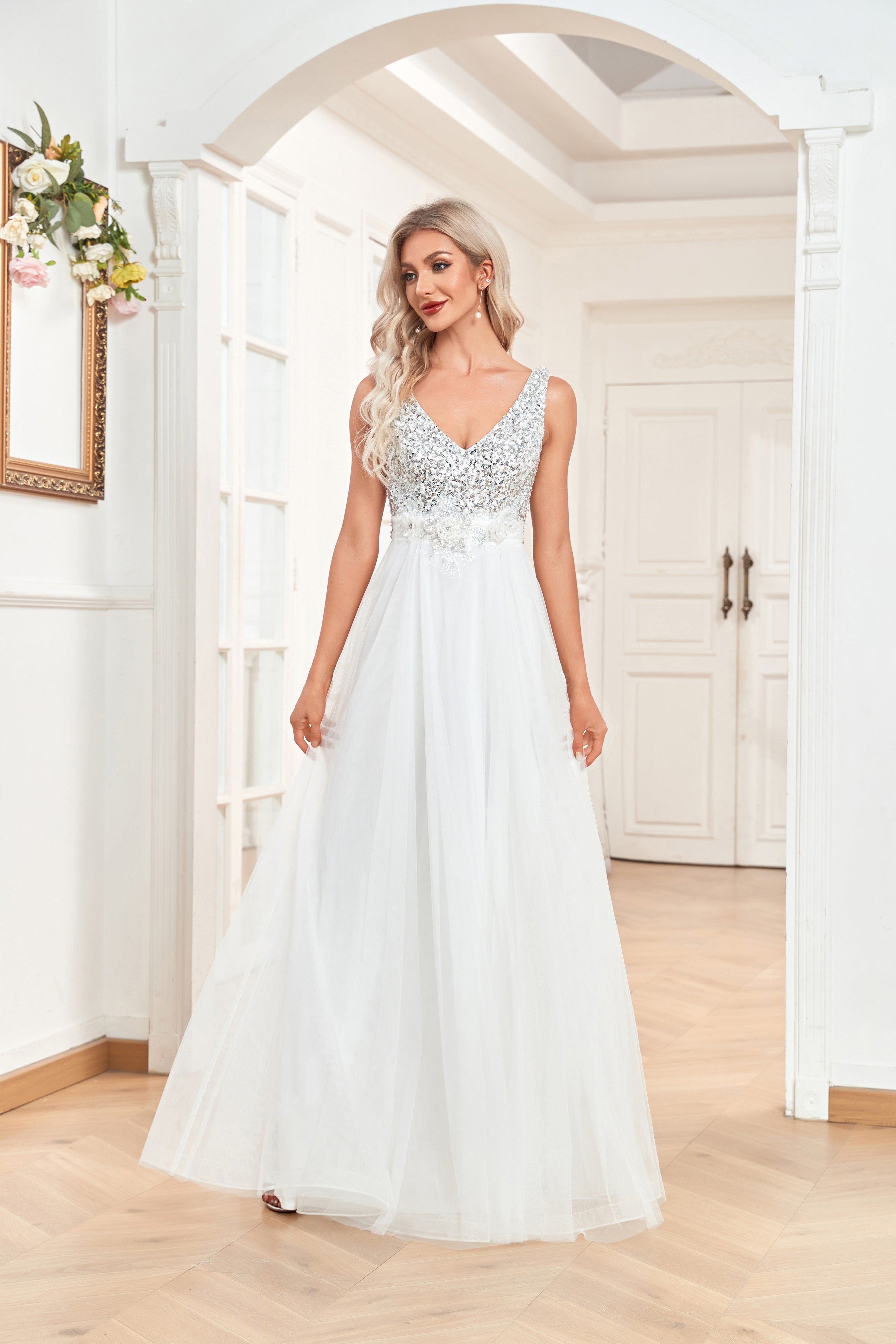 white deep v neck dress