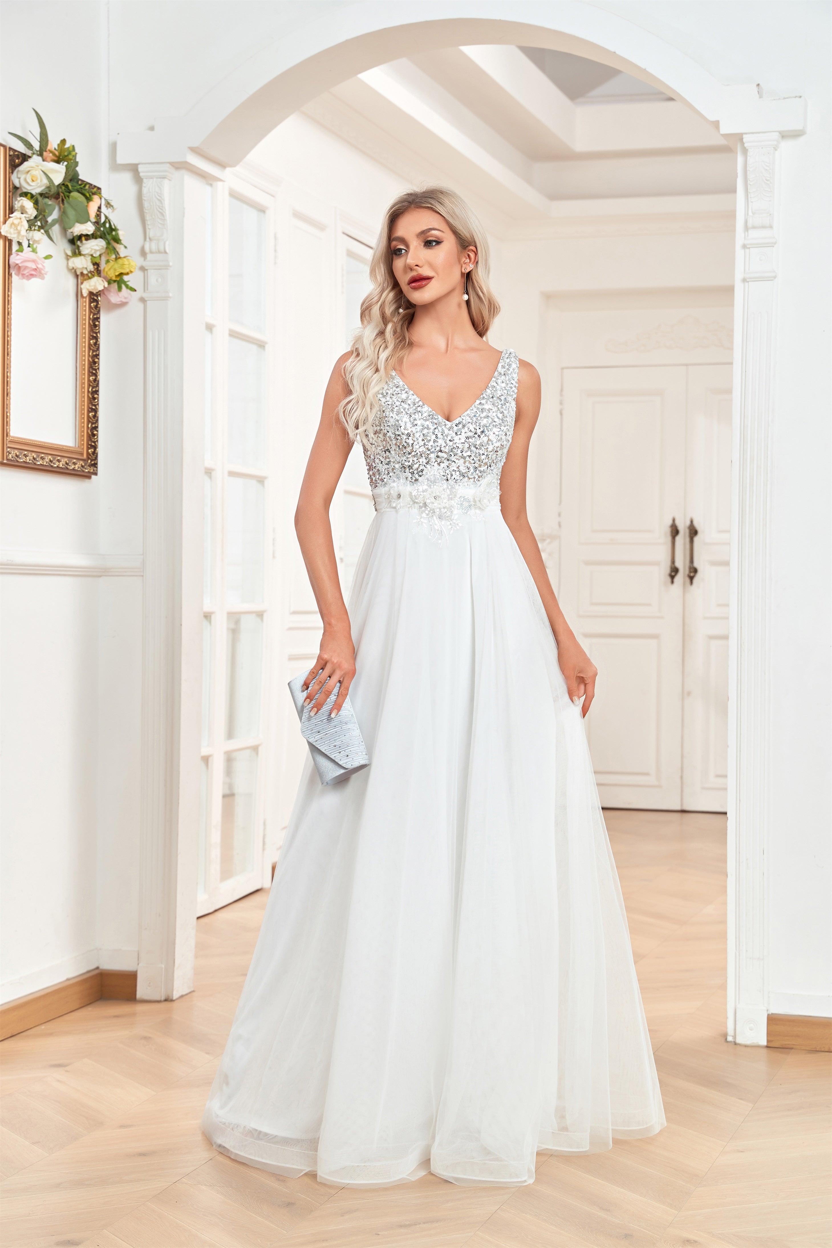 White white deep v neck dress