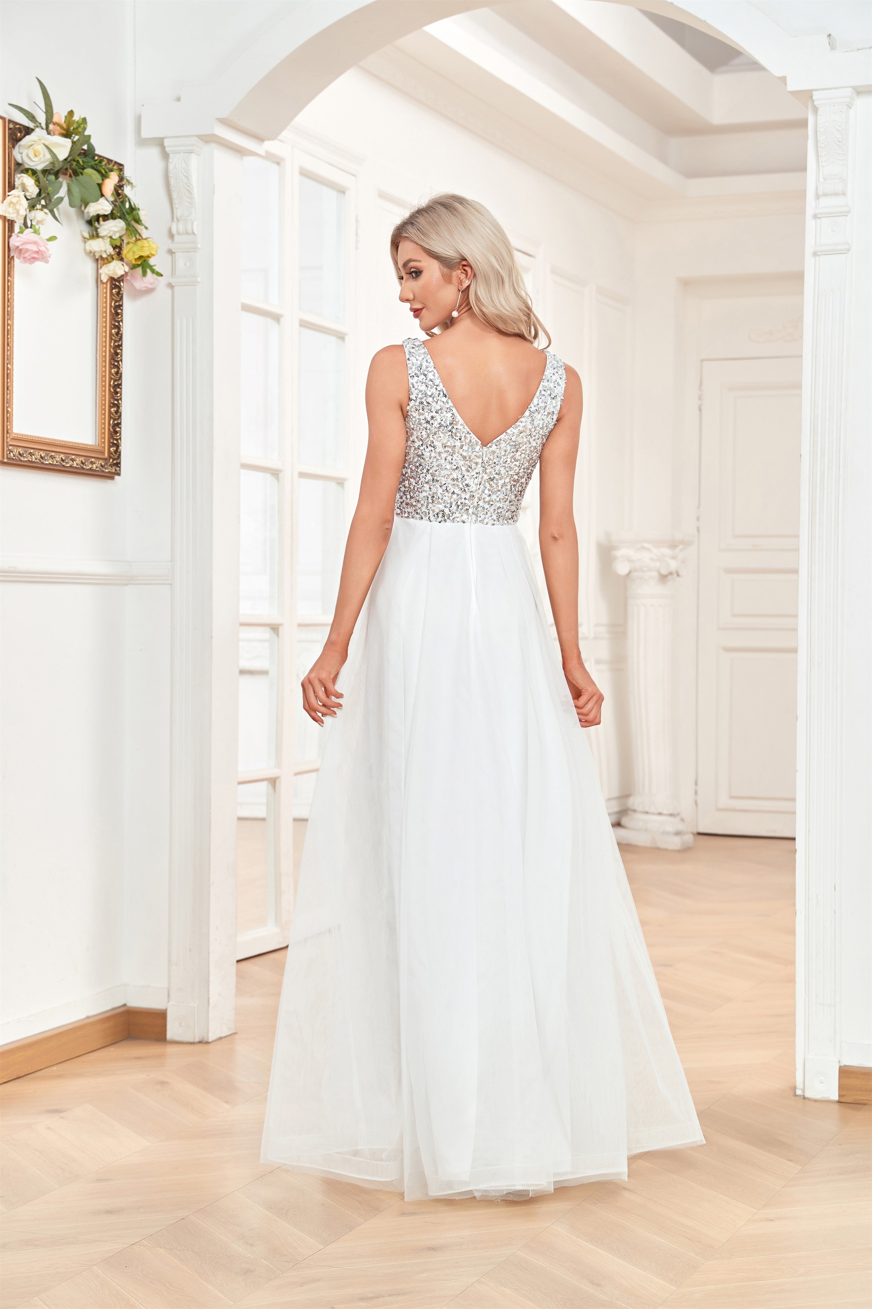 party white deep v neck dress