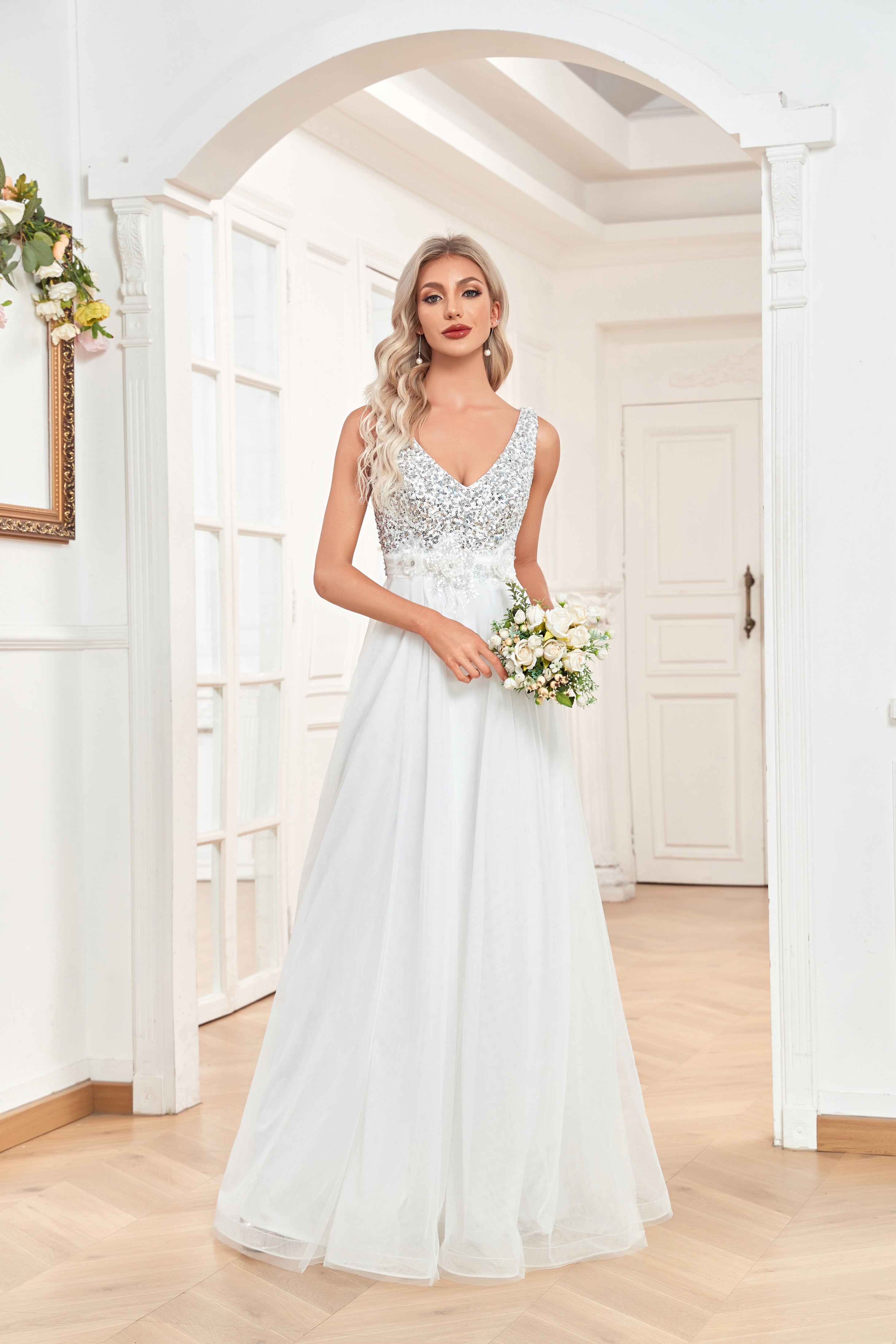 wedding white deep v neck dress