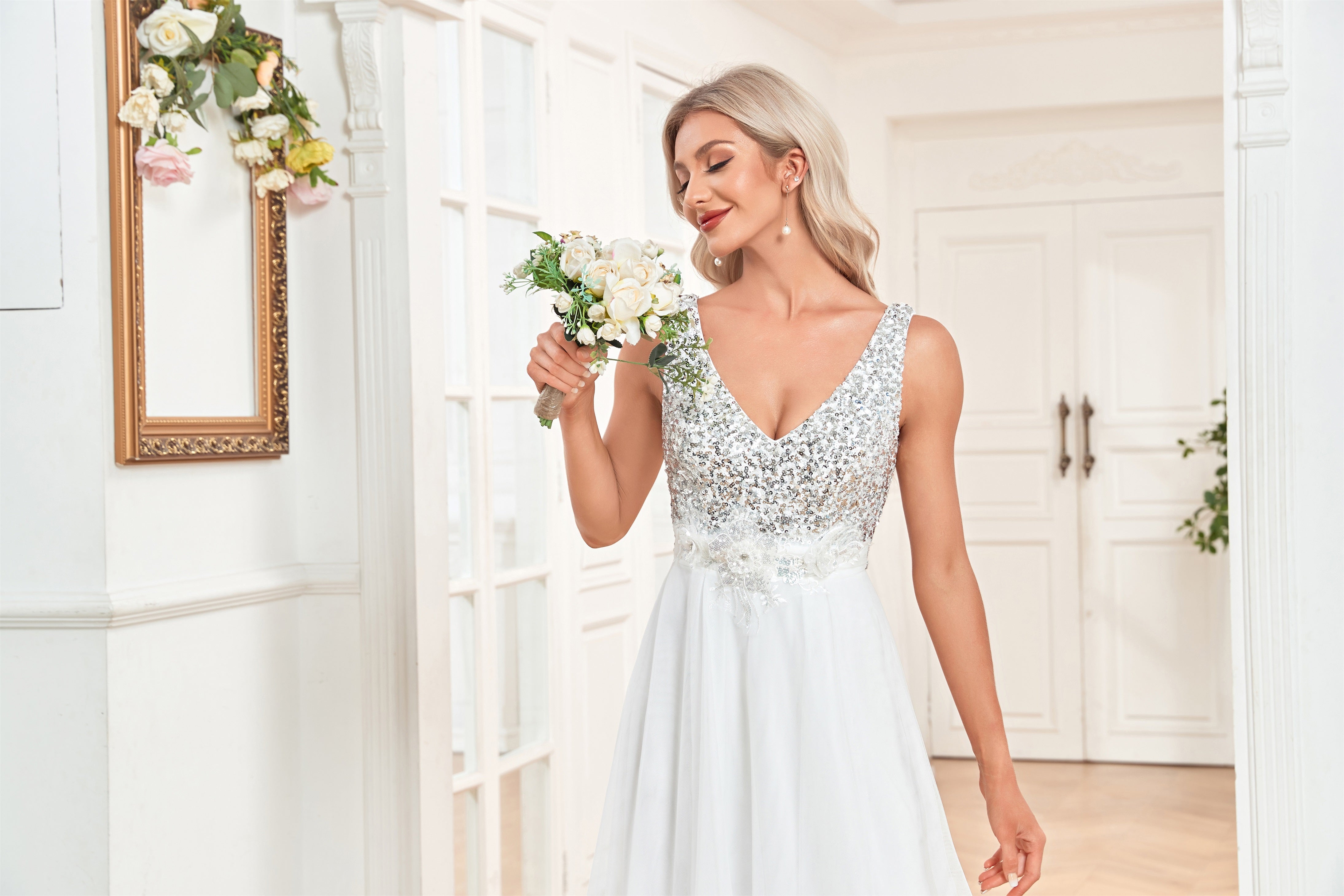 white deep v neck dress with a pretty girl