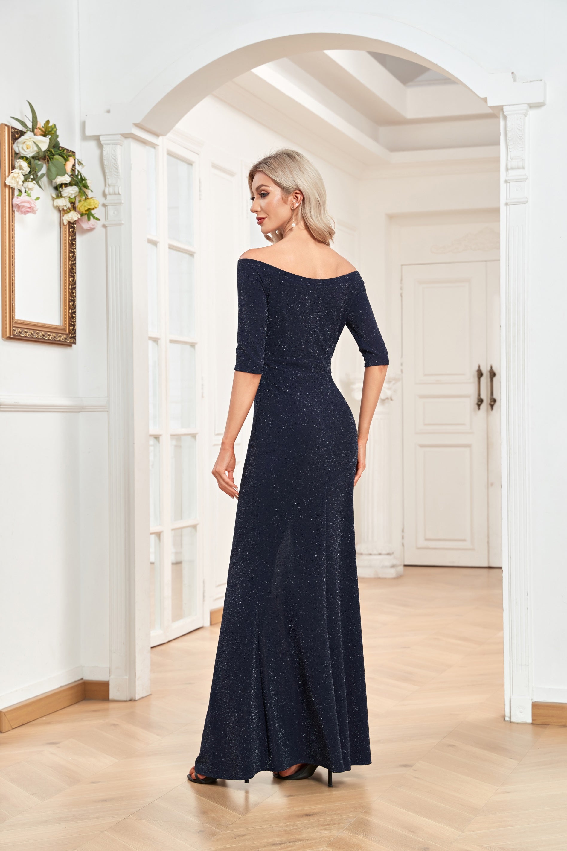 XUIBOL | Navy_Metallic_Silver-flecked_High_Slit_Dress_Navy