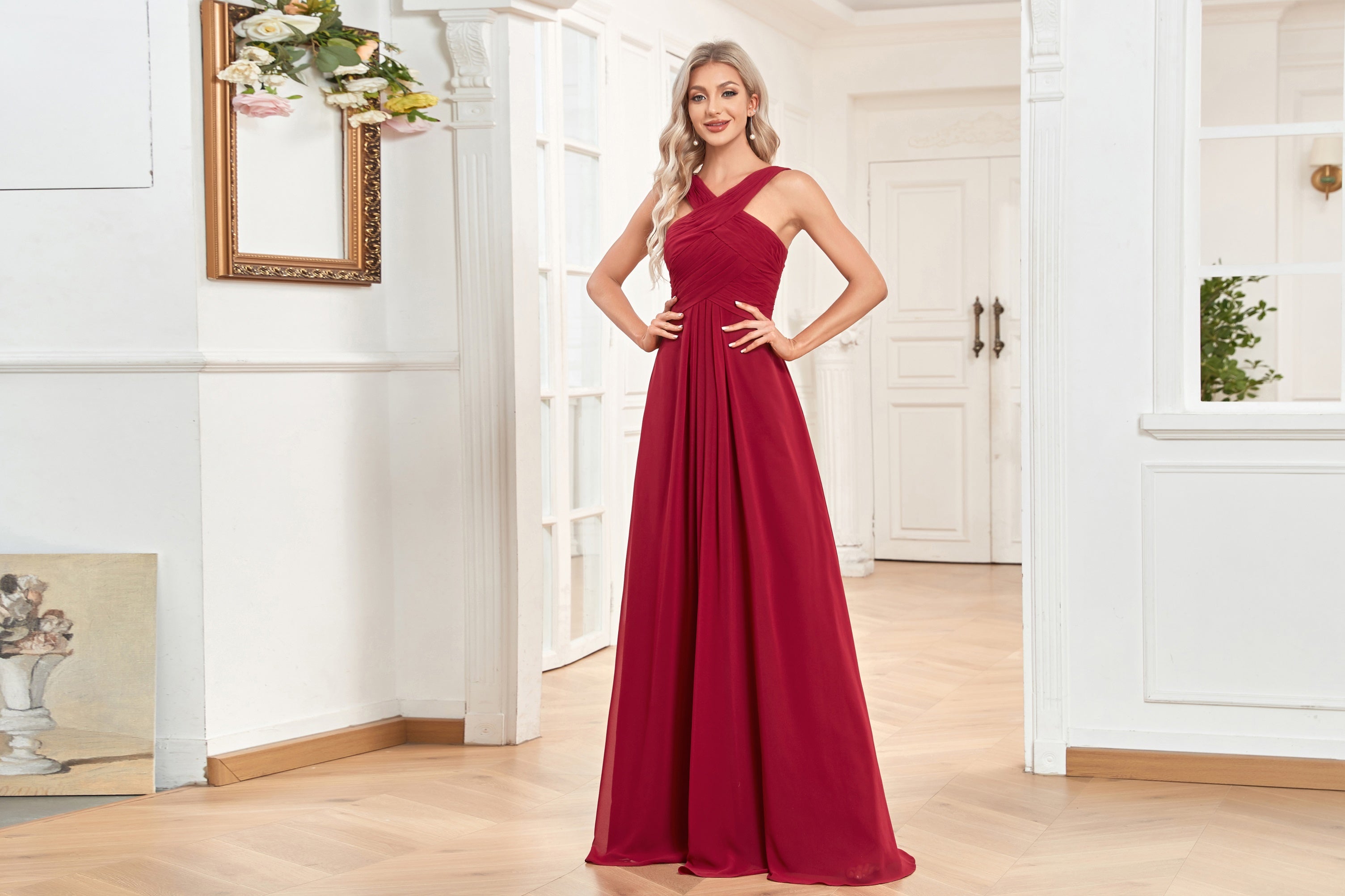 red chiffon dress with a girl