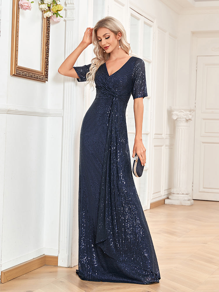 XUIBOL | v-neck_sequin_sheath_gown_Navy