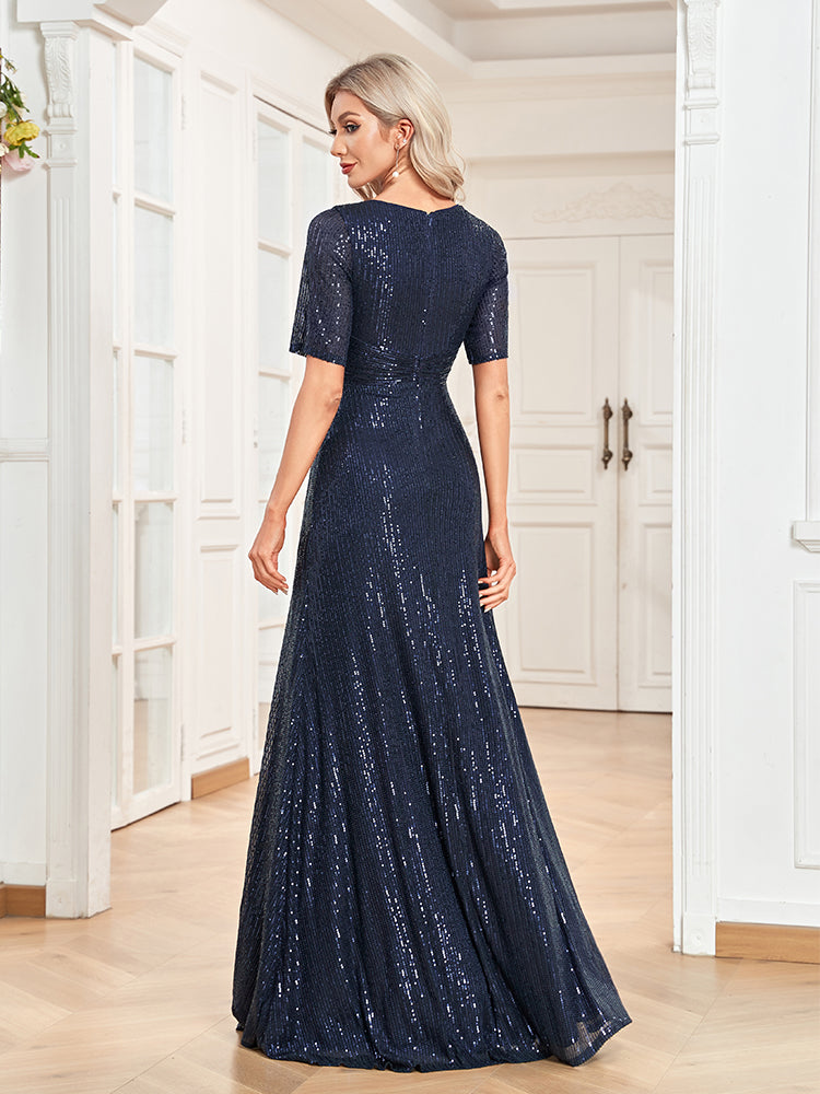 XUIBOL | v-neck_sequin_sheath_gown_Navy