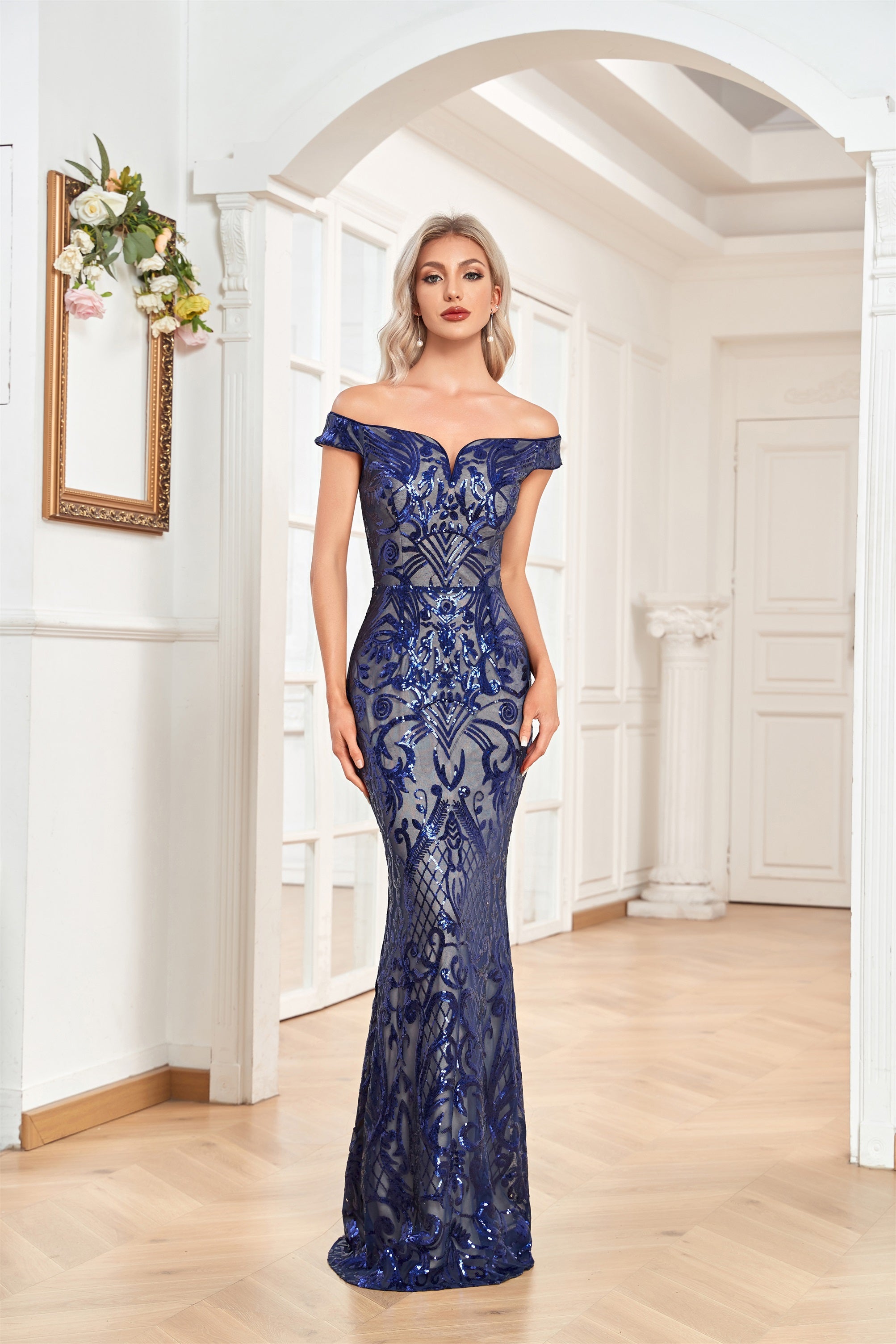 XUIBOL | Sequin_Off_The_Shoulder_Sheath_Dress_Navy