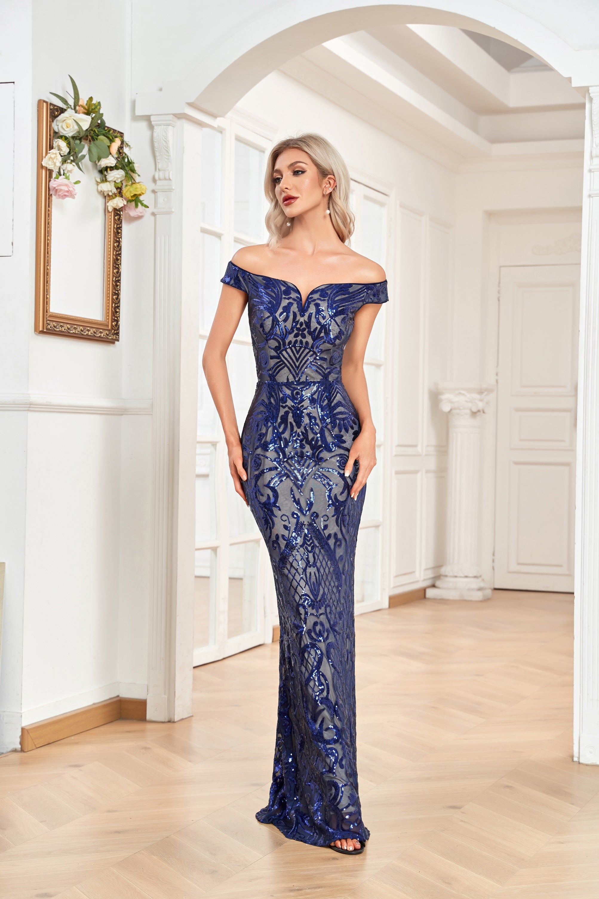 XUIBOL | Sequin_Off_The_Shoulder_Sheath_Dress_Navy