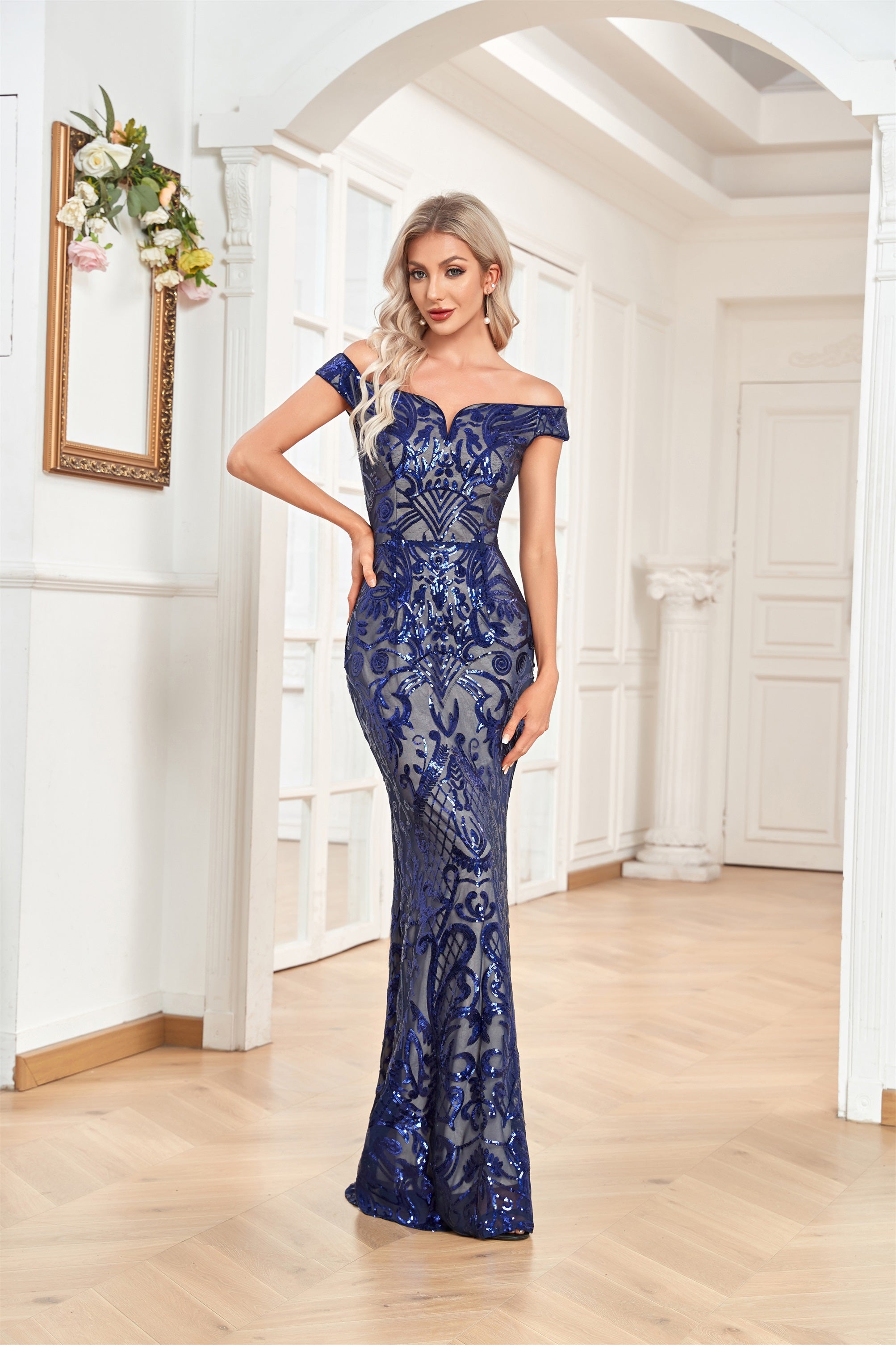 XUIBOL | Sequin_Off_The_Shoulder_Sheath_Dress_Navy