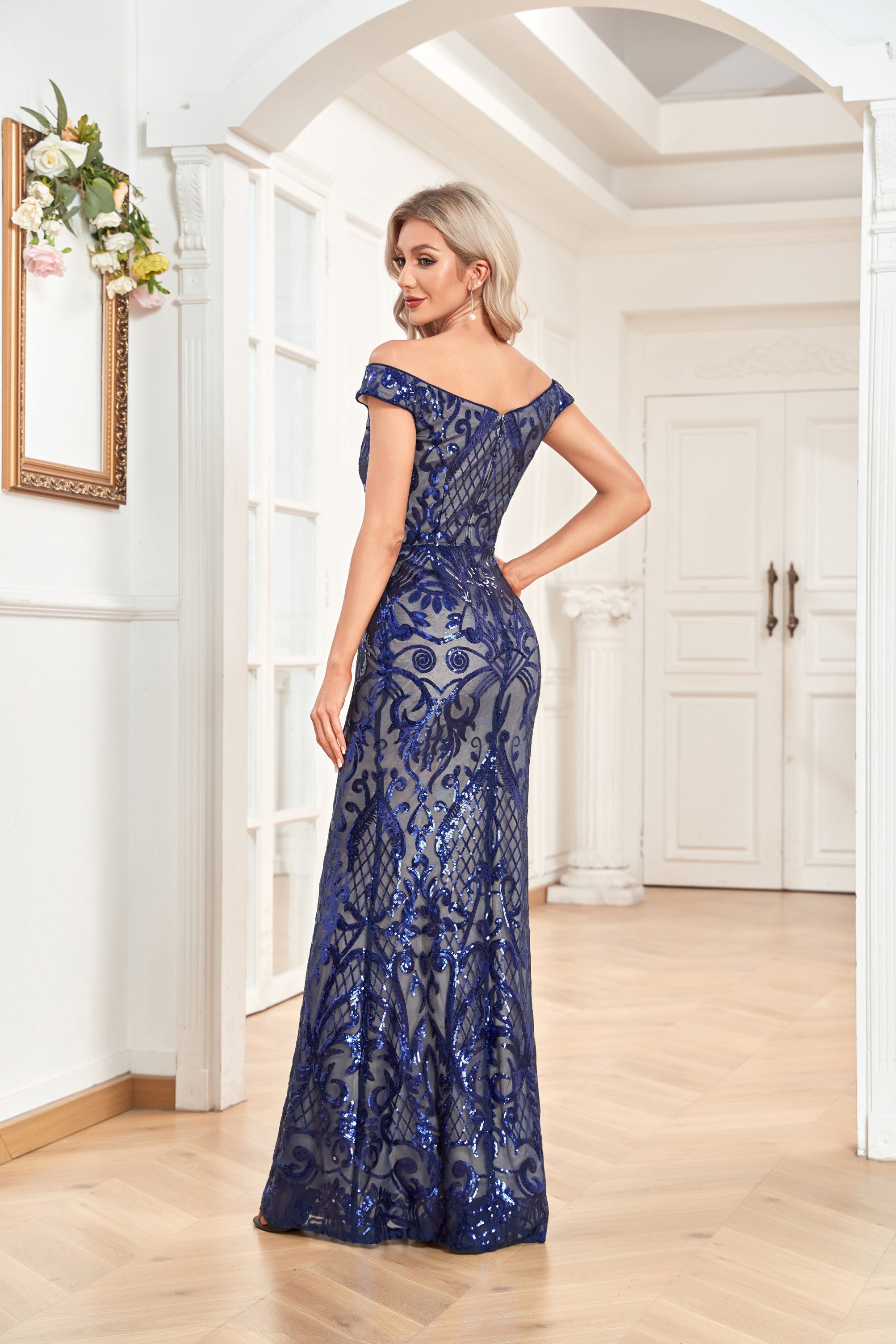 XUIBOL | Sequin_Off_The_Shoulder_Sheath_Dress_Navy