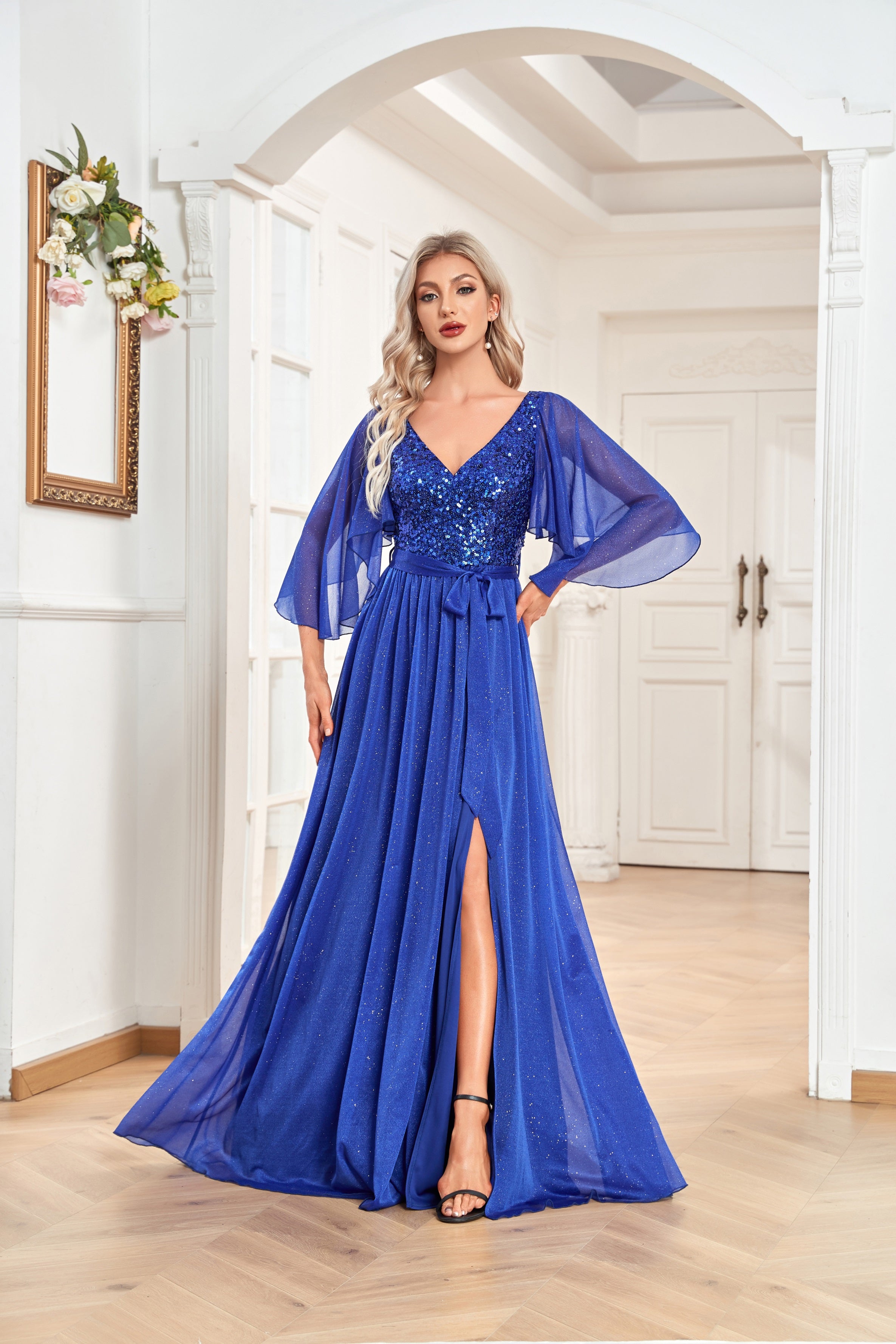 blue flutter sleeve dress