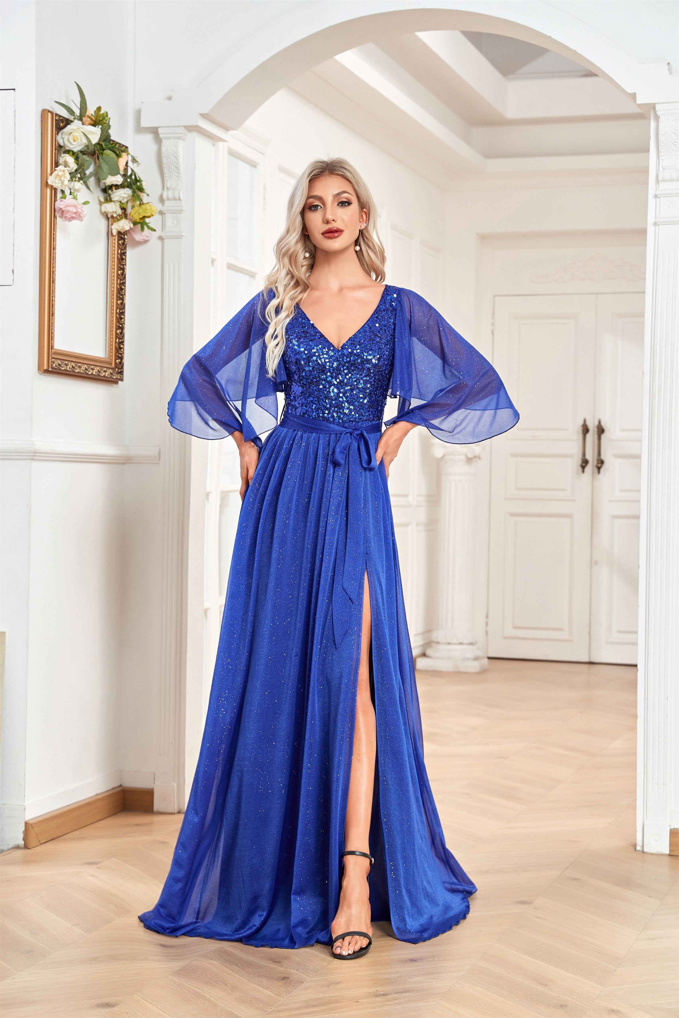 blue v neck dress