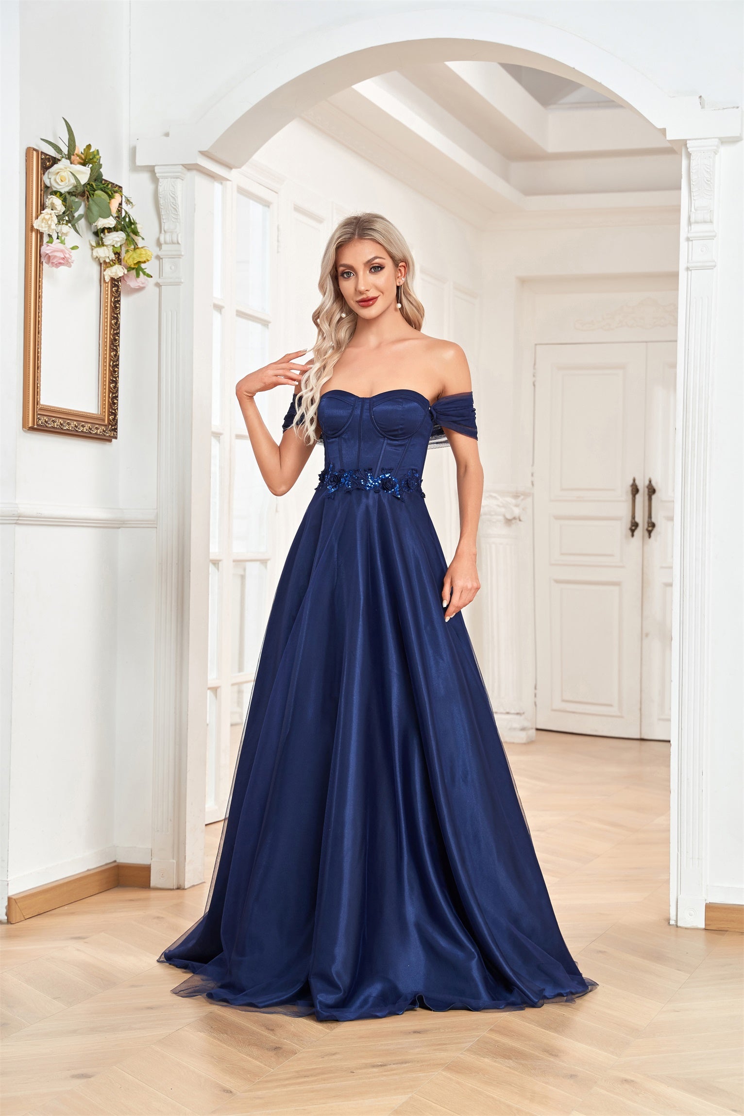 XUIBOL | strapless_corset_bodice_satin_midi_dress_Navy