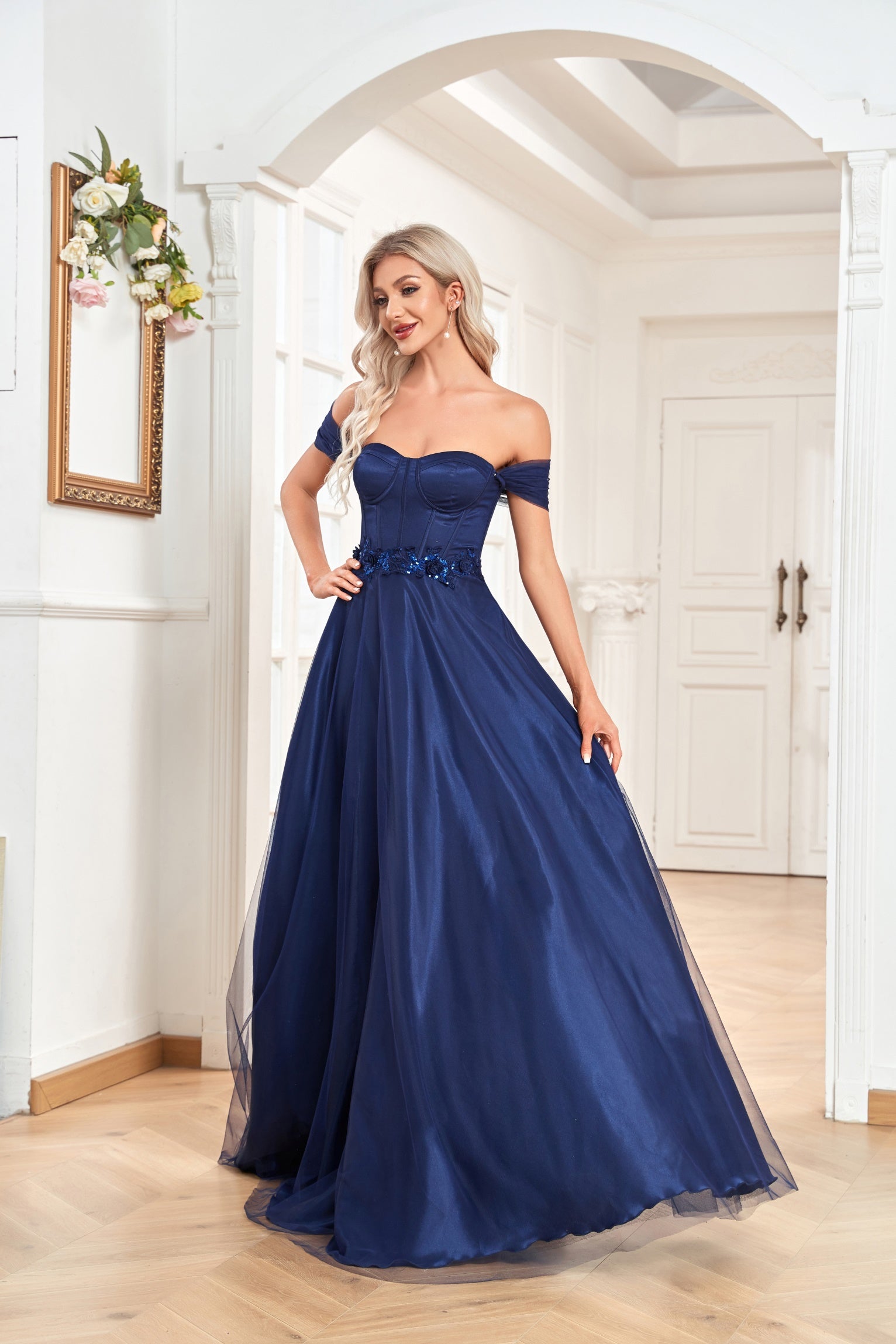 XUIBOL | strapless_corset_bodice_satin_midi_dress_Navy