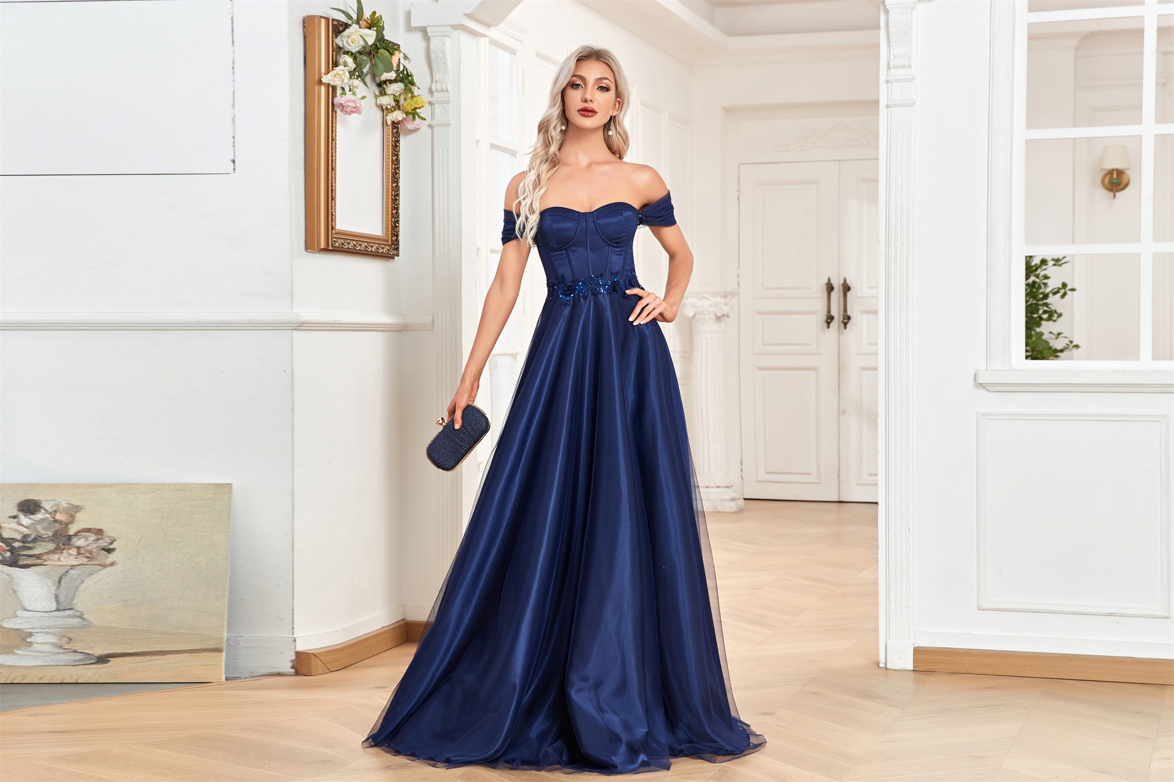 XUIBOL | strapless_corset_bodice_satin_midi_dress_Navy