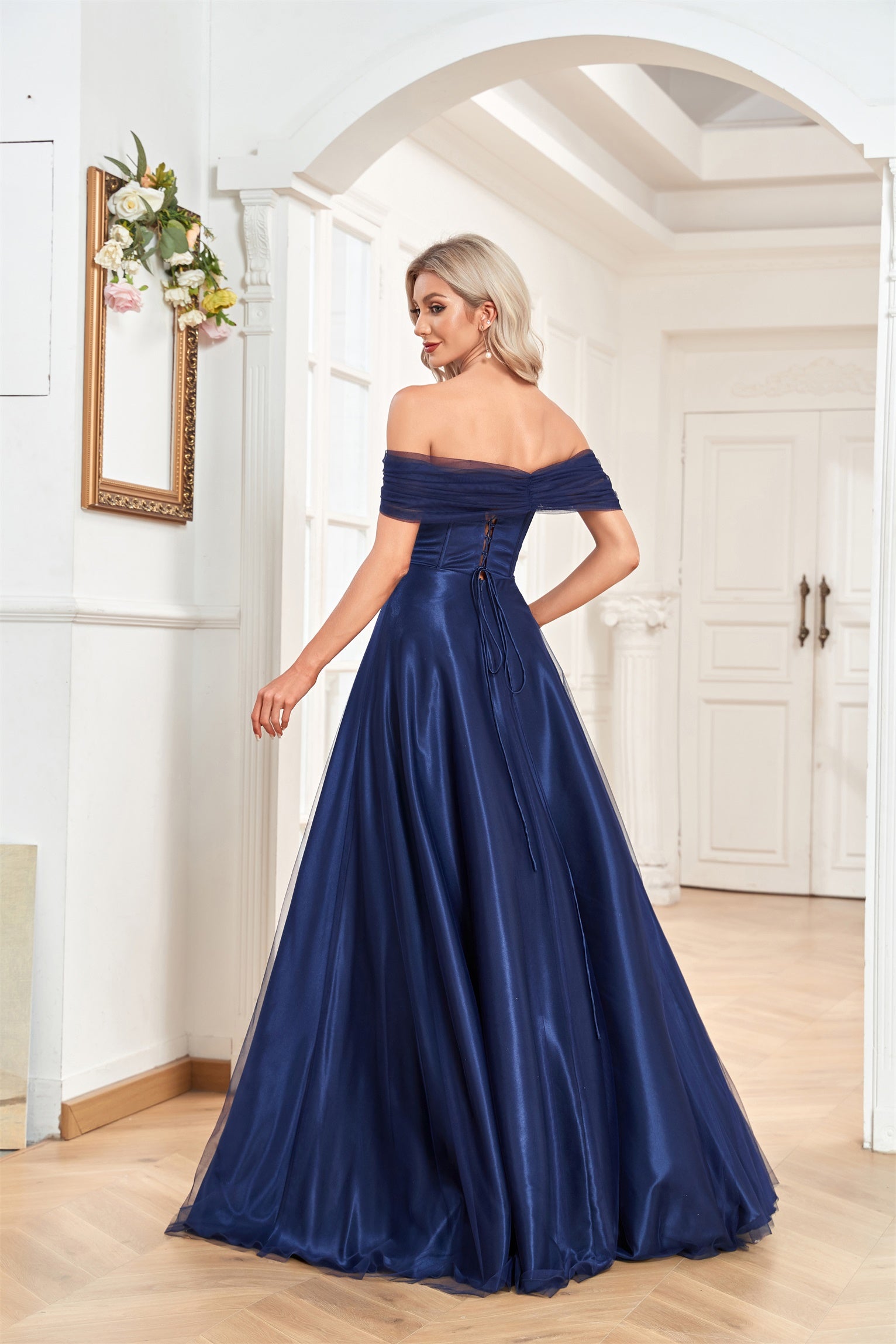 XUIBOL | strapless_corset_bodice_satin_midi_dress_Navy