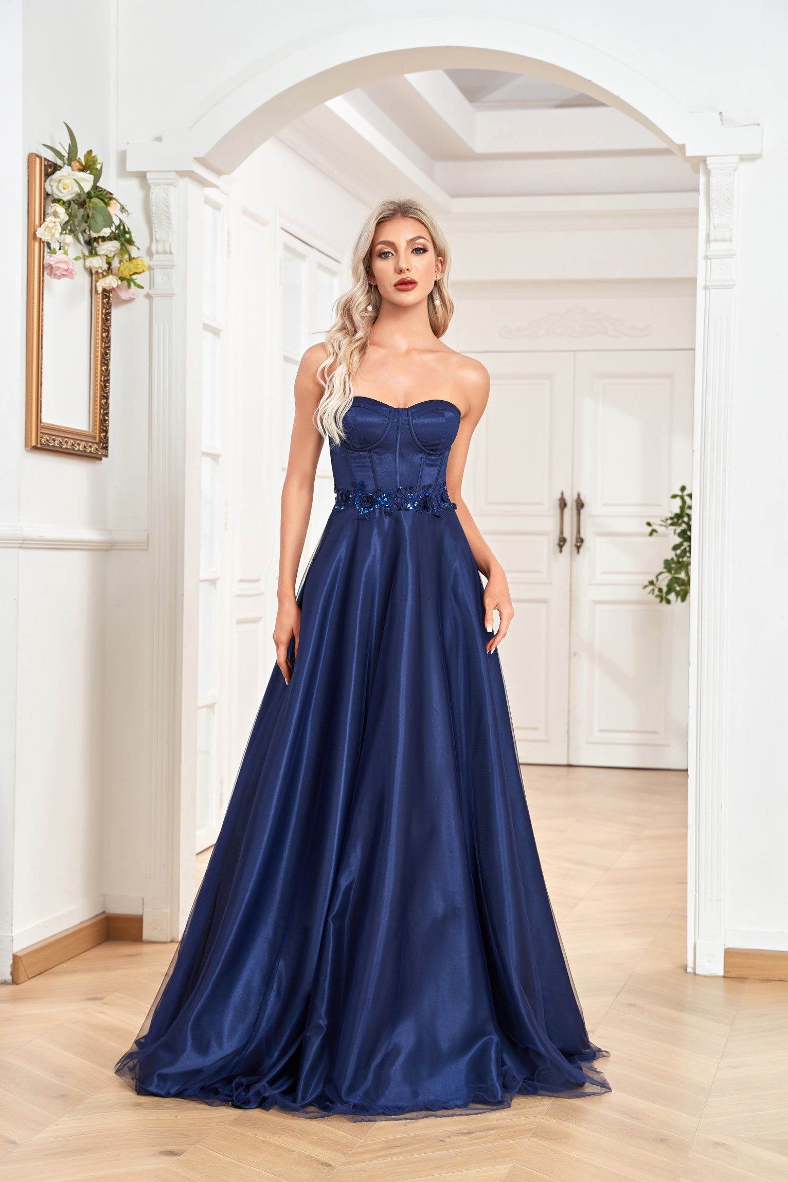 XUIBOL | strapless_corset_bodice_satin_midi_dress_Navy
