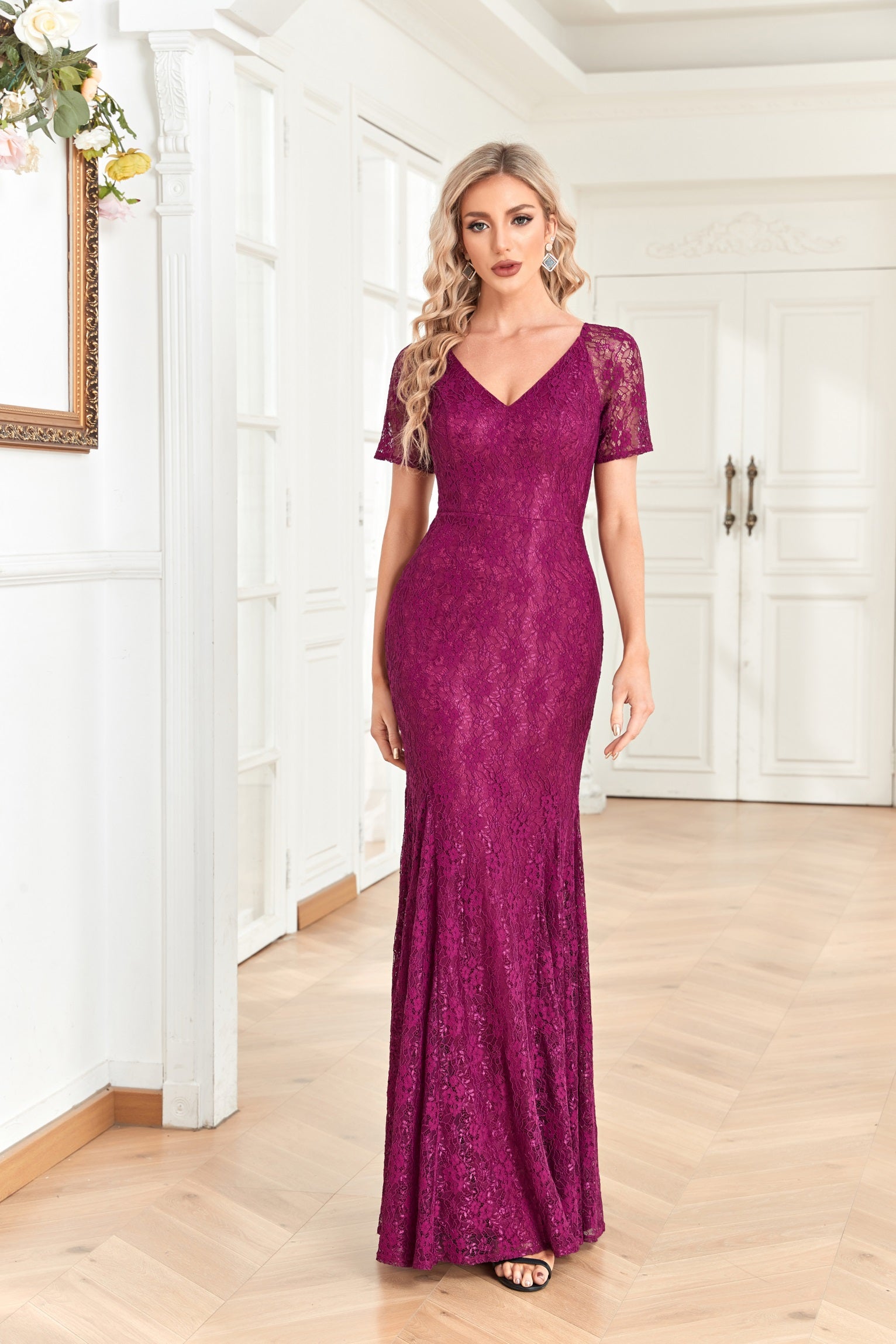 XUIBOL | Short_Sleeve_a-line_Dresses_with_Lace_Fabric_Plum Red