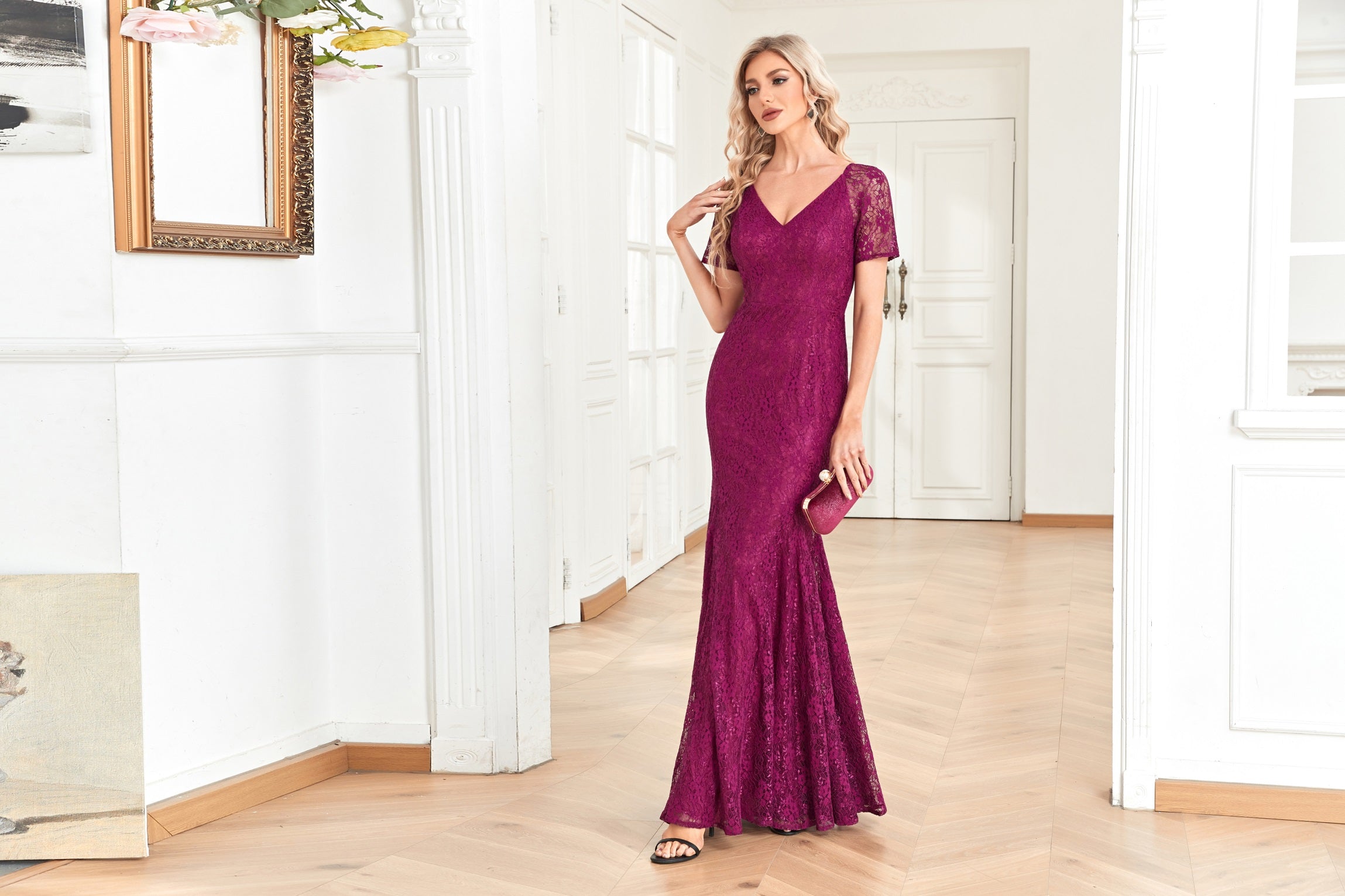 XUIBOL | Short_Sleeve_a-line_Dresses_with_Lace_Fabric_Plum Red