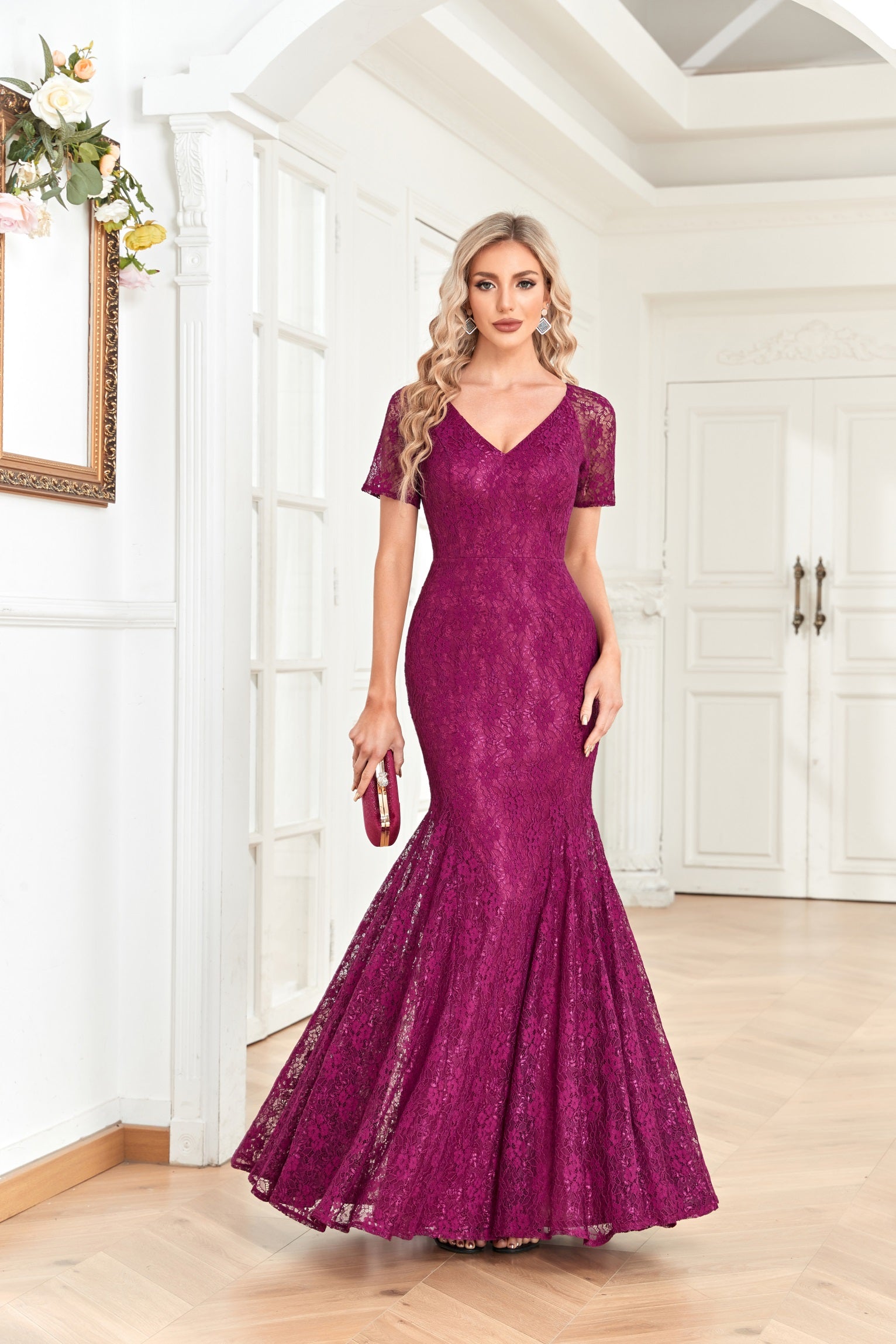 XUIBOL | Short_Sleeve_a-line_Dresses_with_Lace_Fabric_Plum Red