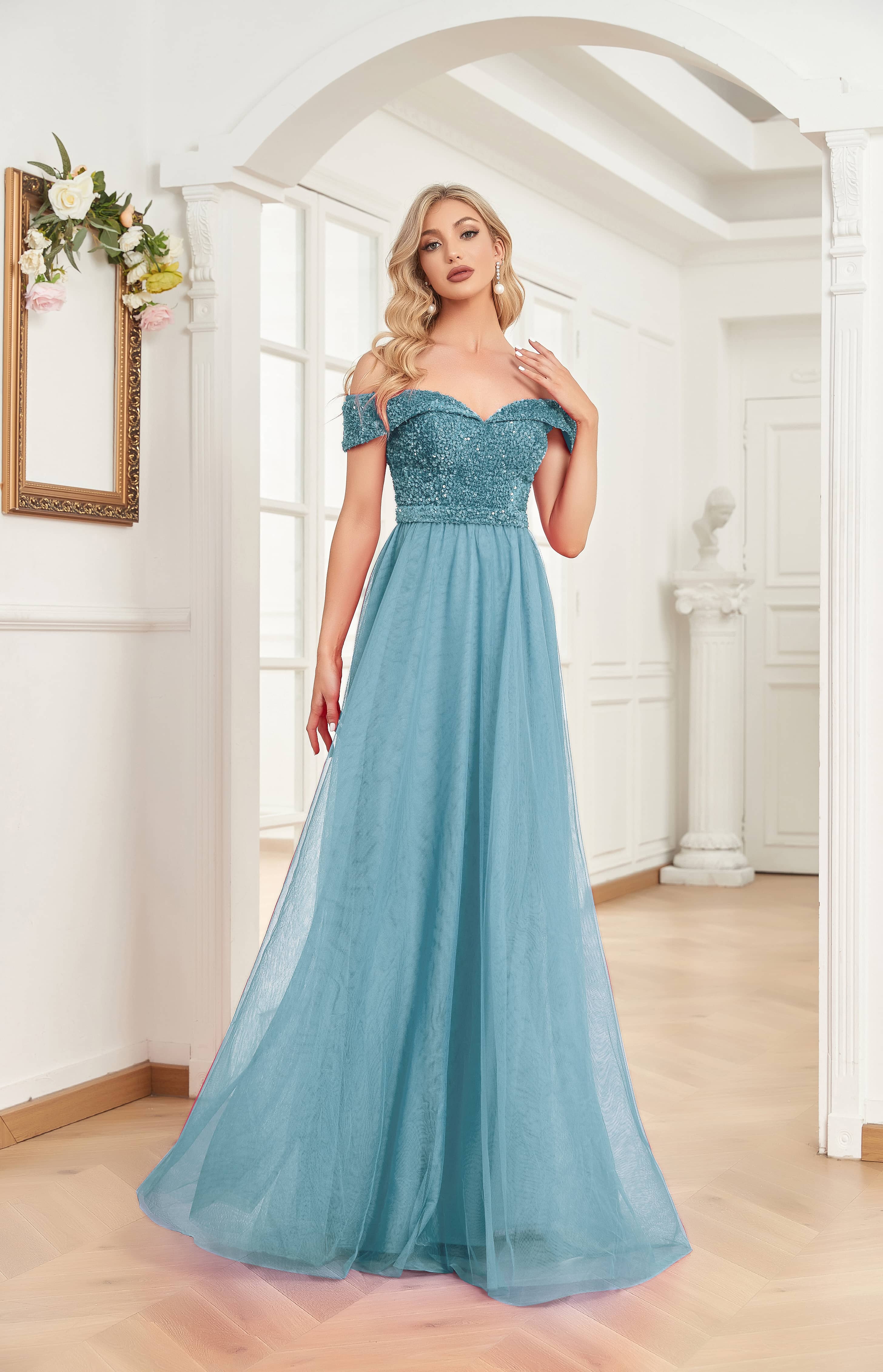 XUIBOL | An off-the-shoulder_sweetheart_neckline_Dresses_Light Blue