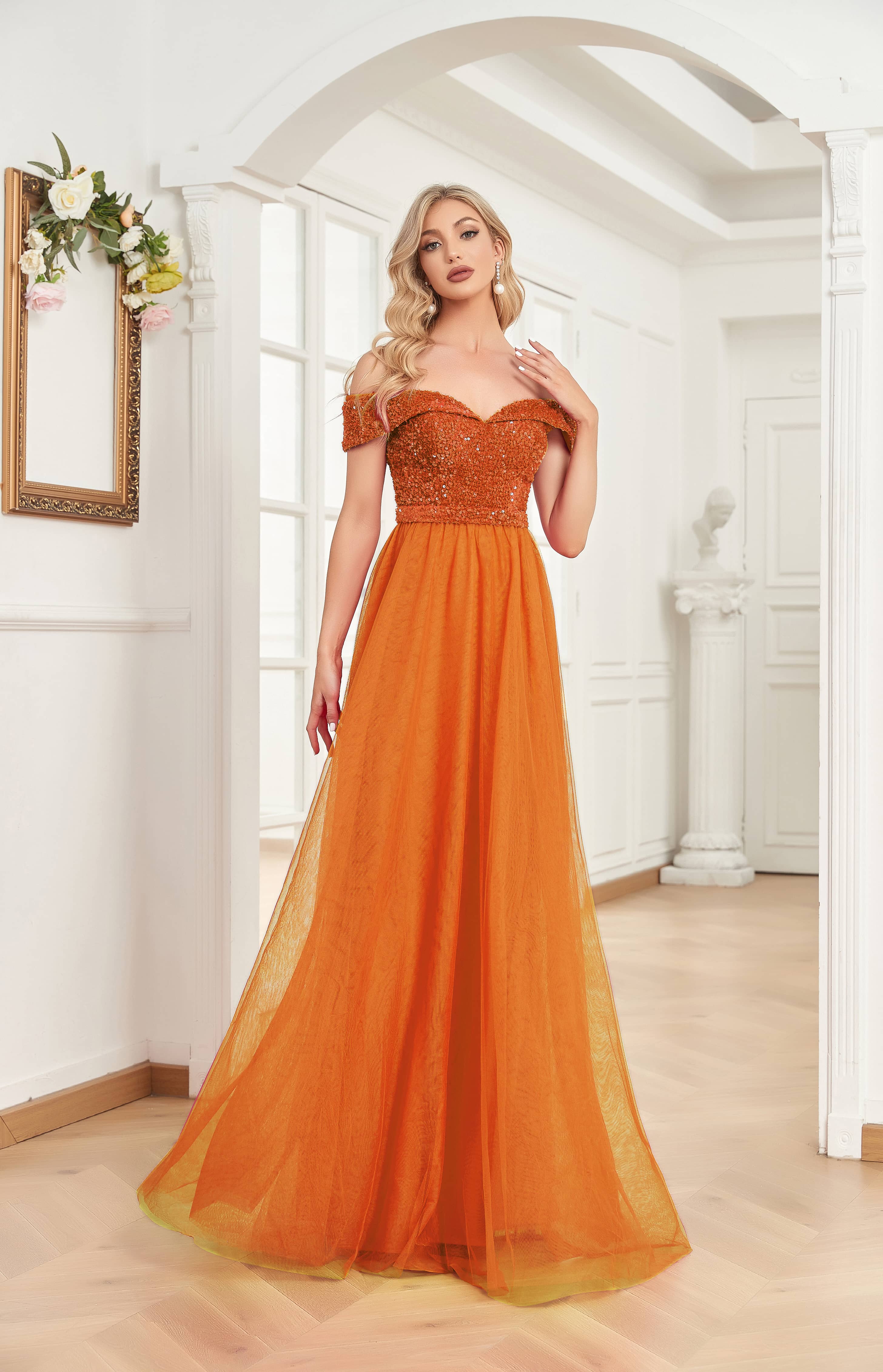 XUIBOL | An off-the-shoulder_sweetheart_neckline_Dresses_orange