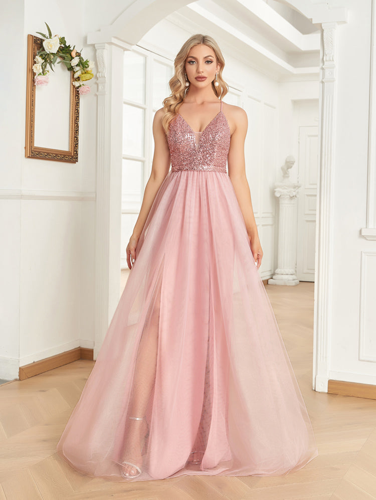 XUIBOL Sequin And Mesh Dresses pink