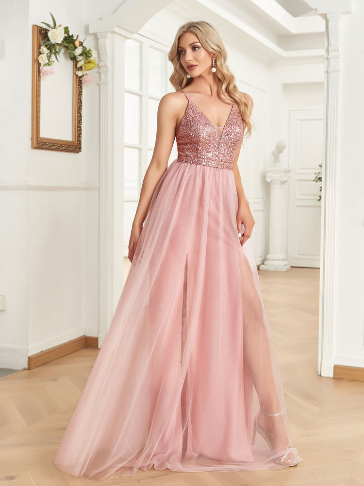 XUIBOL Sequin And Mesh Dresses pink