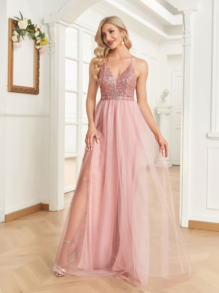 XUIBOL Sequin And Mesh Dresses pink