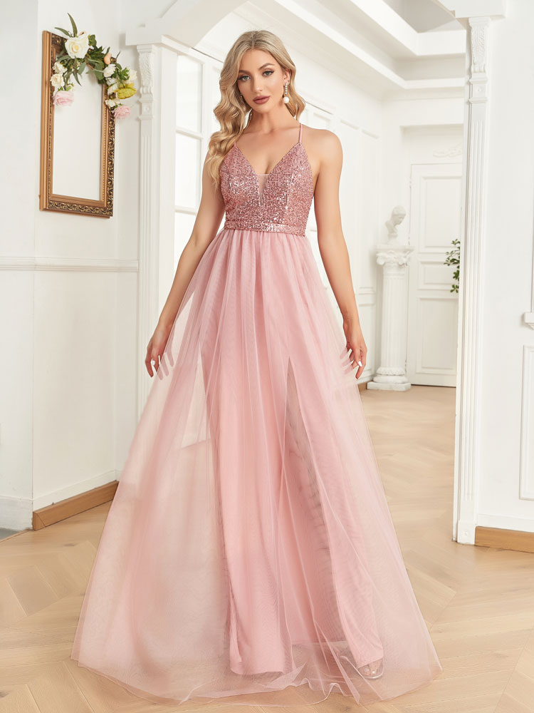 XUIBOL Sequin And Mesh Dresses pink