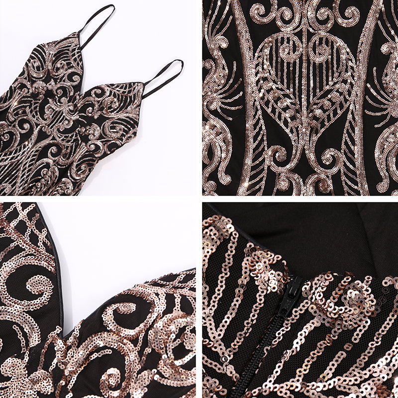 XUIBOL | Sequin_Damask_Pattern_Spaghetti_Strap_Gown_black
