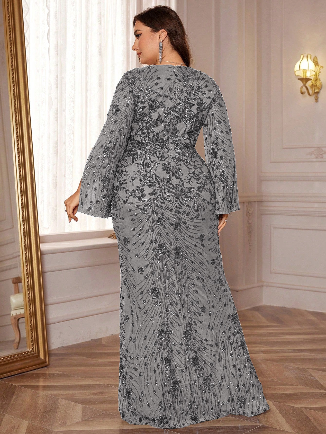 XUIBOL | High Quality Plus Size Women's Beaded Mermaid Maxi Dress, V-Neck Long Sleeve Slit Sleeve Elegant Luxurious Formal Gown For Cocktail Party, Mother Of The Bride Dress (Heavy-Duty), Prom Evening Dress, For Graduation, Dinner, Christmas