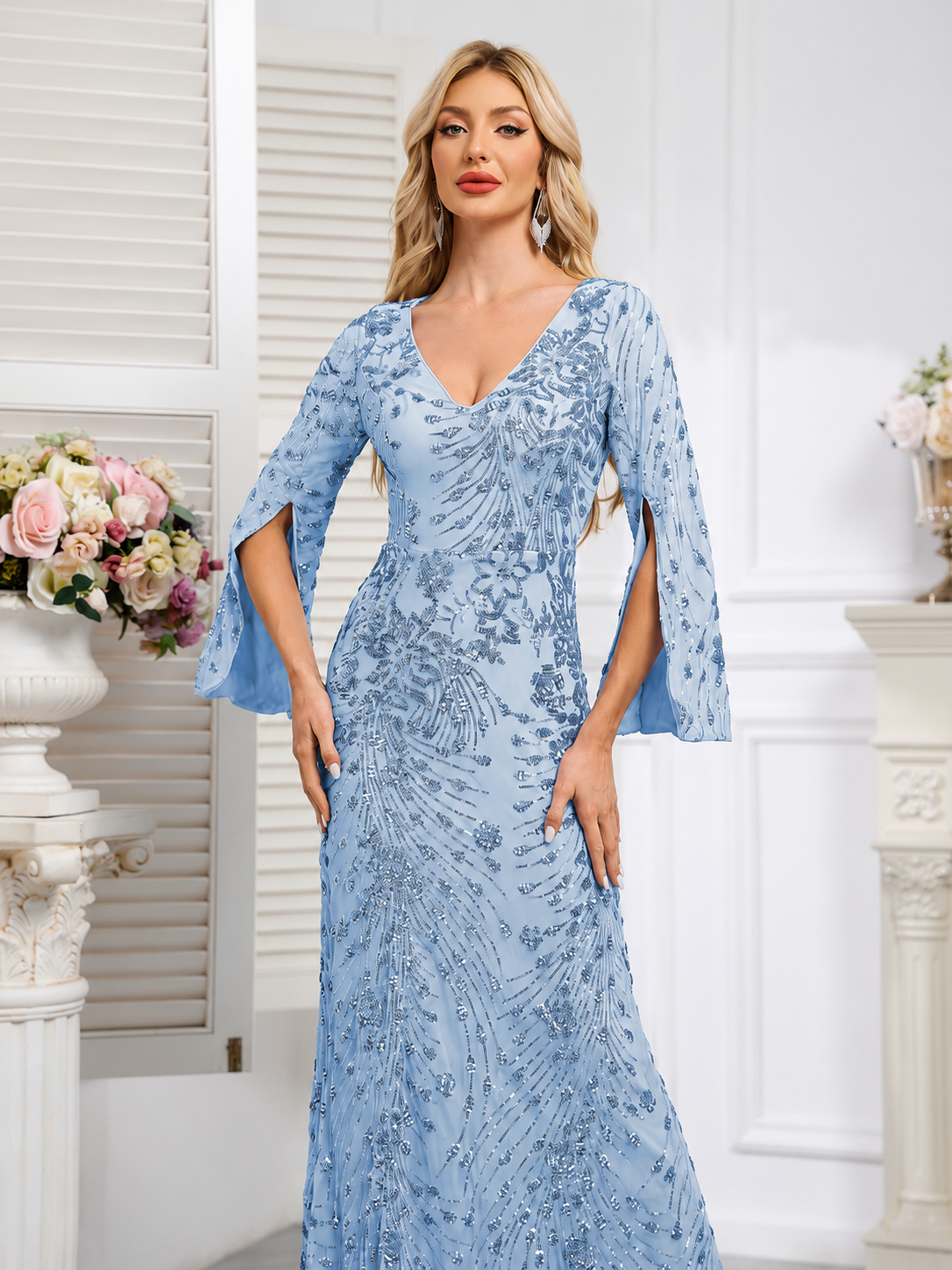 Light blue Sequined Long-Sleeve Mermaid Evening Gown