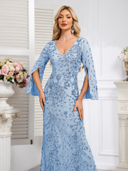 Light blue Sequined Long-Sleeve Mermaid Evening Gown