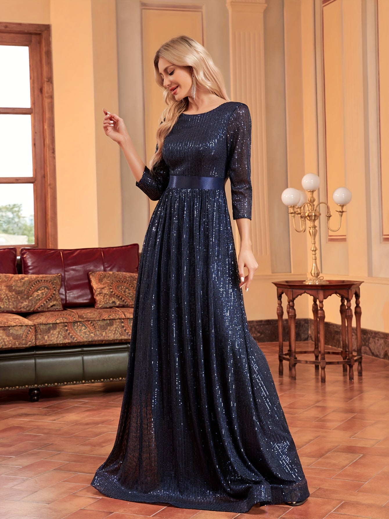 Three-quarter Sleeve Sequin Dress, Elegant Crew Neck Floor Length Dress | XUIBOL